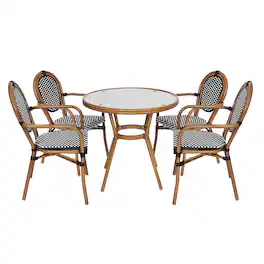 Emma + Oliver - Colmar Indoor/Outdoor Bistro Style 31.5 in. Table with PE Rattan, Glass Top, and Four Chairs - Metal Frame - Black & White Rattan/Natural Frame
