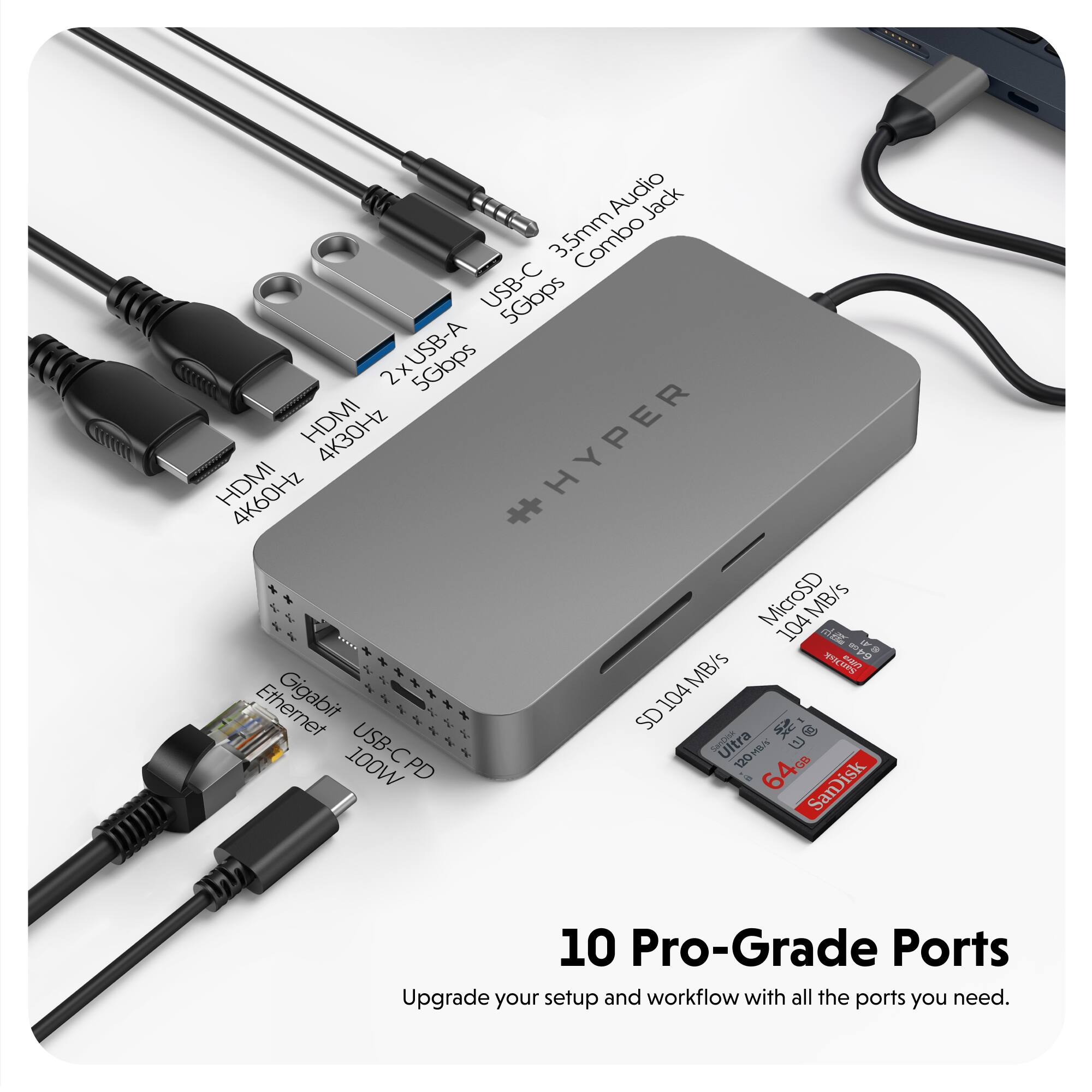 3.5mm Audio Jack, 3.5mm Combo USB-C 5Gbps, 2x USB-A, HDMI 4K30Hz, MicroSD 104 MB/s, Gigabit Ethernet, 100W PD, 120W, 64GB SanDisk 10 Pro-Grade Ports. Upgrade your setup and workflow with all the ports you need.