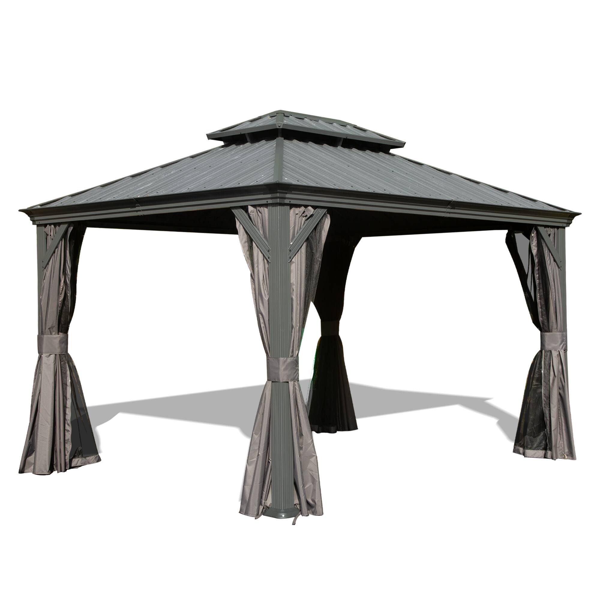 Left. Loheer - Loheer 10x12 Hardtop Gazebo, Metal Patio Gazebo with Galvanized Steel Roof, Drainage System, Curtains and Netting.