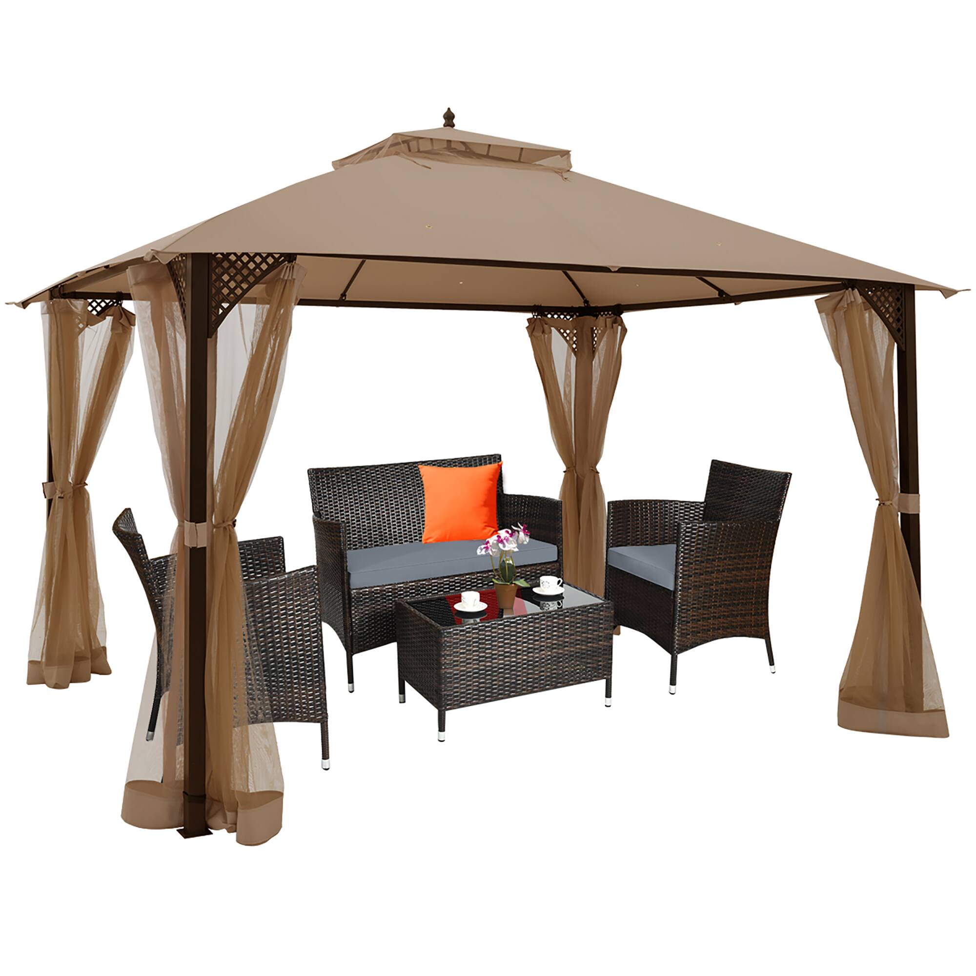 Alt View 7. Costway - Costway 12' x 10' Outdoor Patio Gazebo Canopy Shelter Double Top Sidewalls Netting - Brown.