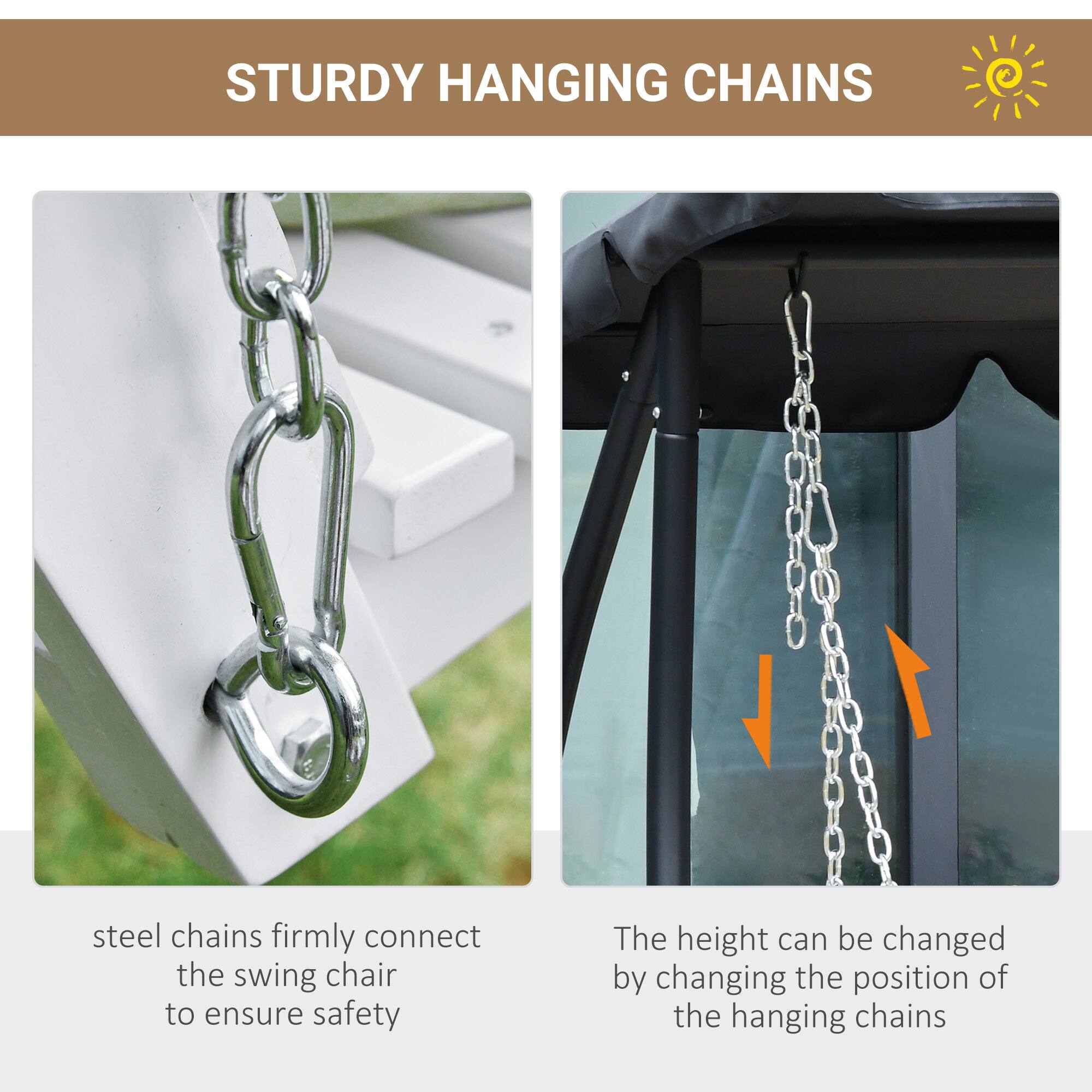 STURDY HANGING CHAINS
steel chains firmly connect the swing chair to ensure safety
The height can be changed by changing the position of the hanging chains