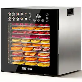 OSTBA - Food Dehydrator with 12 Trays, 850W Dryer, 95–165°F Temp, 48H Timer - Sliver, Black