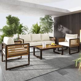 Whisen - 4-Piece Acacia Wood & Metal Patio Conversation Sofa Set for 5, with 4-Inch Thick Removable Cushions - Beige|Brown