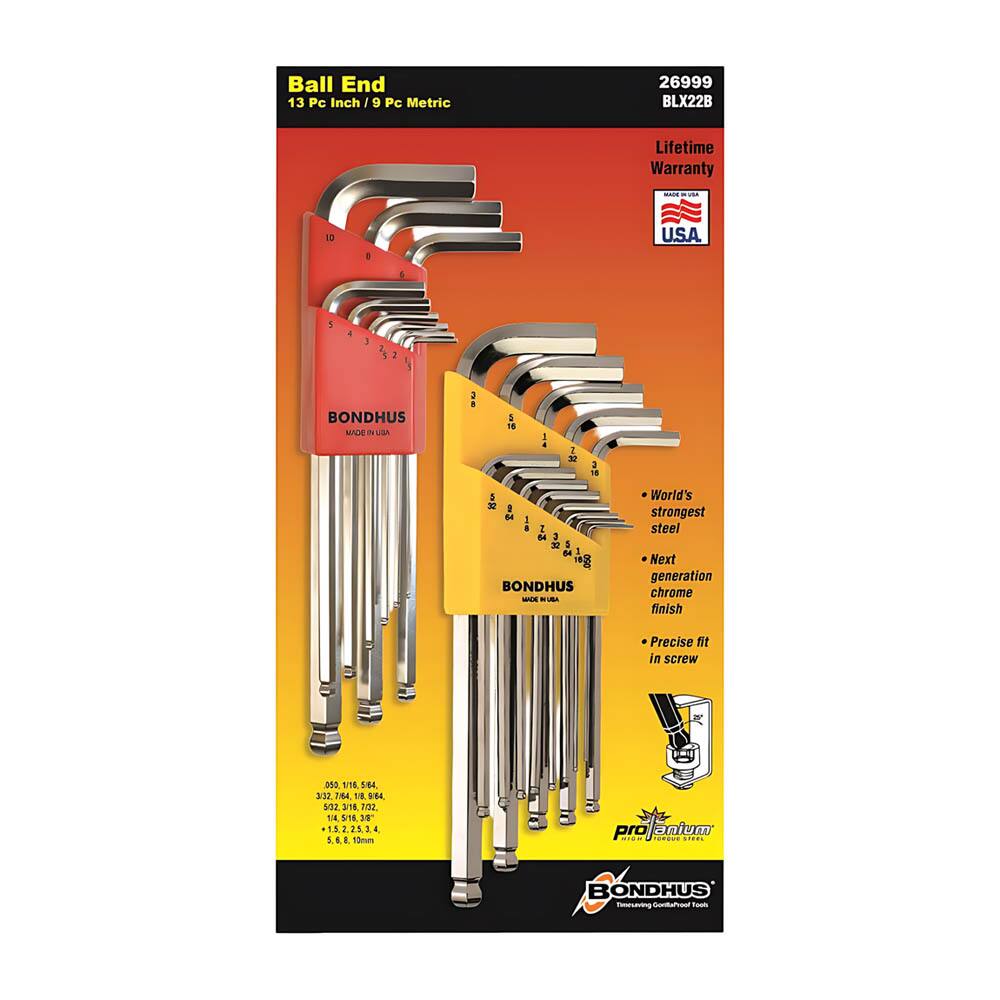 Ball End  
13 Pc Inch / 9 Pc Metric  
26999 BLX22B  
Lifetime Warranty  
MADE IN USA  

BONDHUS  
World's strongest steel  
Next generation chrome finish  
Precise fit in screw  

pro anium  
BONDHUS  
Innovating Great Tools Since 1882