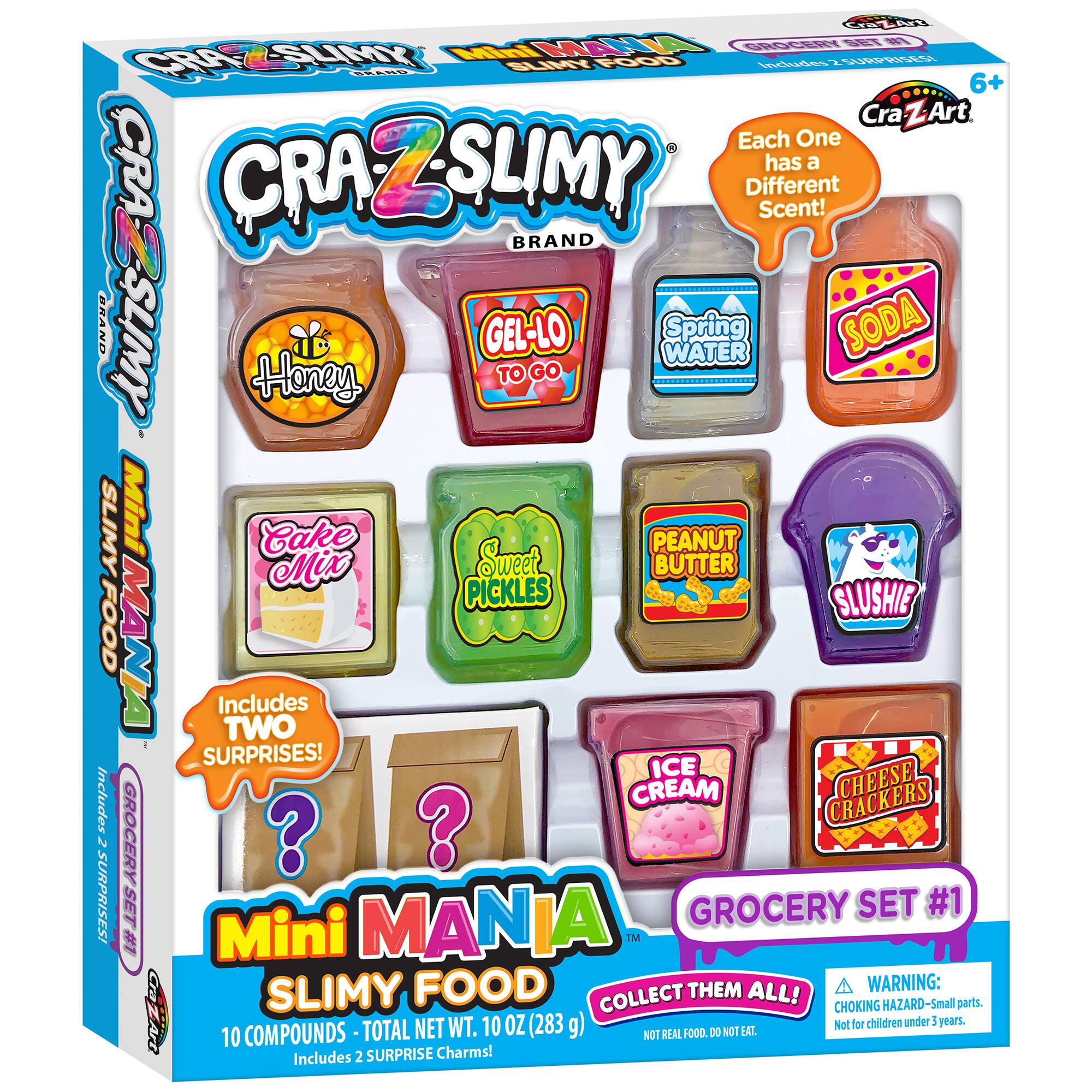 CraZArt Mini Mania Slimy Food Grocery Set #1 includes 10 compounds and 2 surprise charms. Each one has a different scent, such as Gel-lo Water, Spring Soda, Honey To Go, Slimy Mini Cake, Sweet Peanut Butter, Pickles, Slushie, Ice Cream, Crackers, Cheese, and Chocolate. The set is designed for children aged 6+ and is a fun way to collect and play with different scented toys. However, it is important to note that the toys are not real food and should not be eaten. The set also includes a warning that small parts may pose a choking hazard, so adult supervision is recommended.
