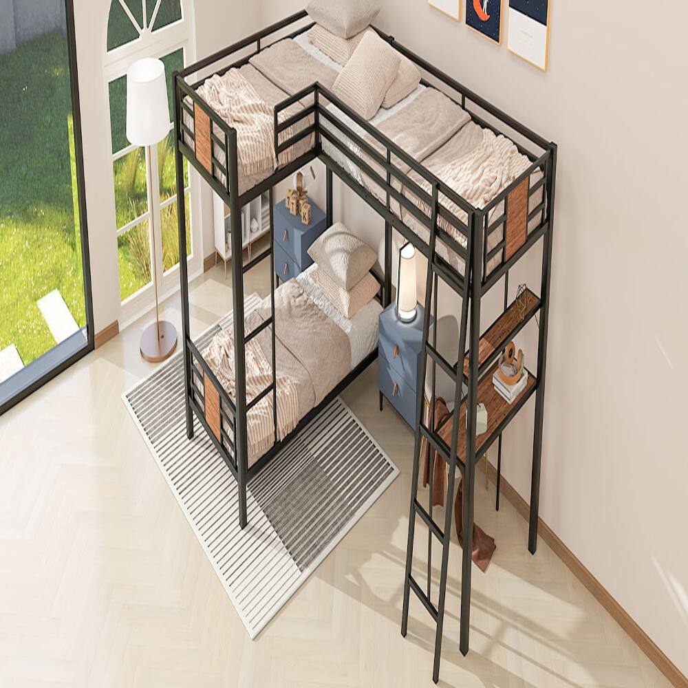 Alt View 2. Loheer - Loheer L-Shaped Twin Over Twin Bunk Bed with Loft Bed Desk and Shelves Black Metal - Black.