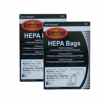 Anti-Allergen!
EnviroCore Technologies
HEPA I
99.97% Filtration
Traps Microscopic Particles and Allergens
Designed to Fit:
Riccar* 1400, 1500, 1700, 1800 Series
Simplicity* Canister Models: S38, S36, S20, S18
6 Bags
*Trademark of Vacuum Manufacturer