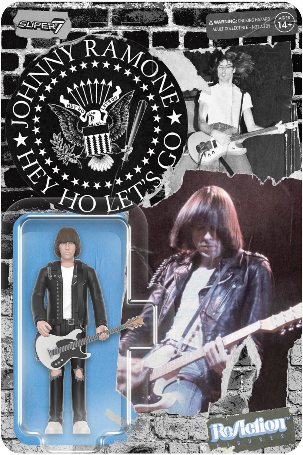 Sure, here is the corrected and grouped text from the image:

---

**SUPER 7**

**JOHNNY RAMONE**

**HEY HO LET'S GO**

**HEY HO LET'S GO**

**WARNING: CHOKING HAZARD**

**AGES 14+**

**ADULT COLLECTIBLE - NOT A TOY**

**ReAction FIGURES**

---