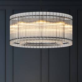LUCKY ONE - 37in Hanging Round Chandelier, 8-Light 2-Tier Water Ripple Crystal for Dining Room High Ceiling - Black