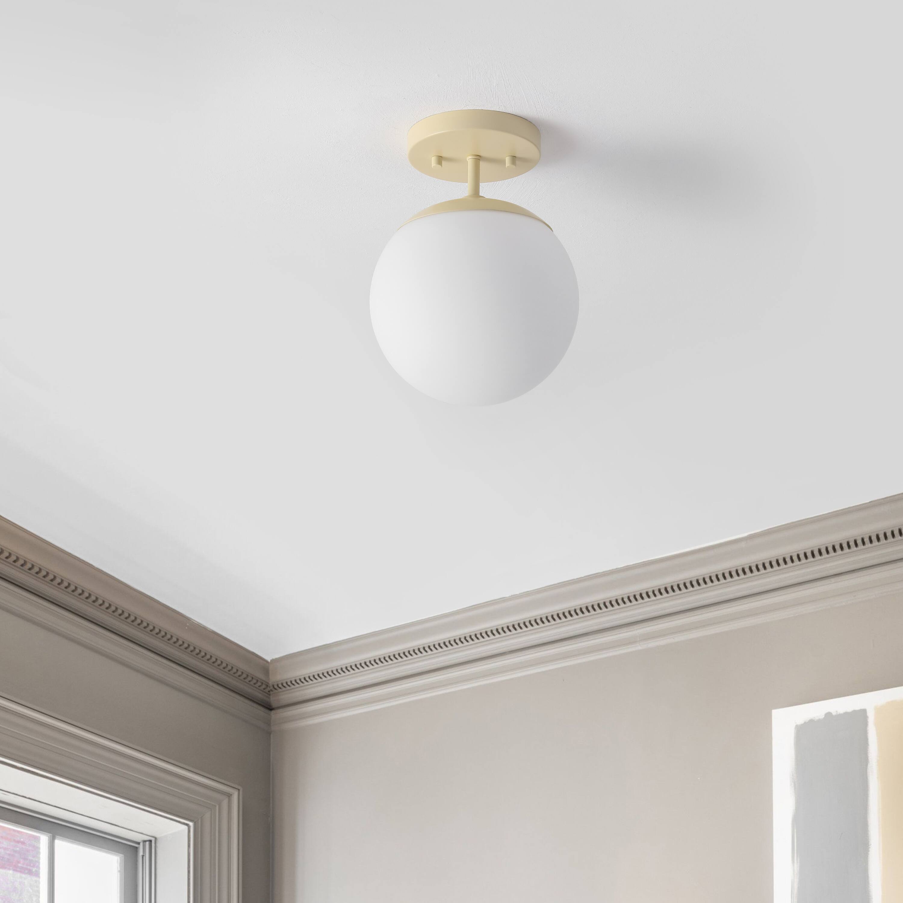 Alt View 5. Jonathan Y - Marcel Bistro 7.75" 1-Light Bohemian Farmhouse Iron/Frosted Glass LED Semi Flush Mount, Beige/White - Beige/White.