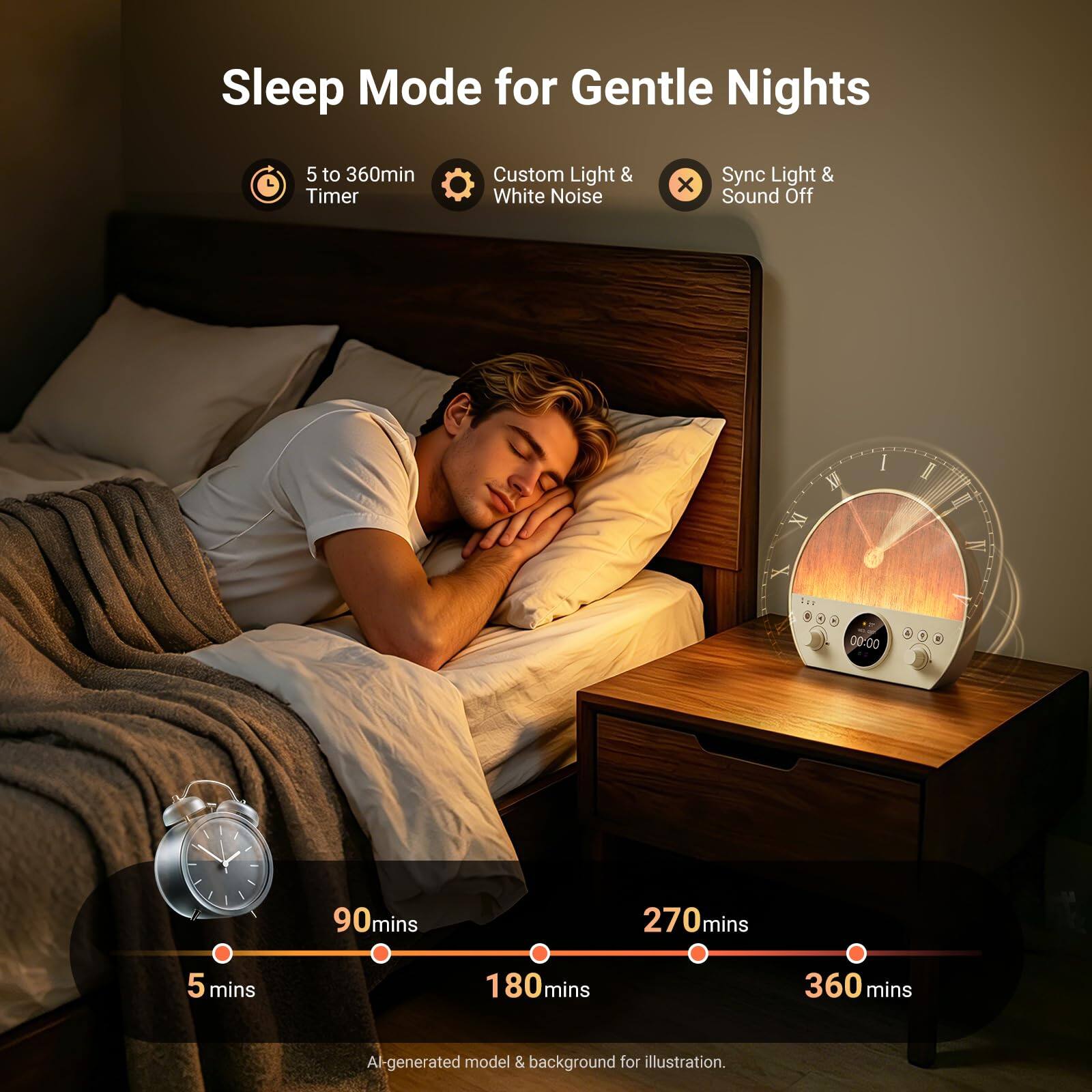 Sleep Mode for Gentle Nights  
5 to 360min Timer  
Custom Light & White Noise  
Sync Light & Sound Off  

IN  
00:00  
90mins  
270mins  
180mins  
360mins  

A generated model & background for illustration.