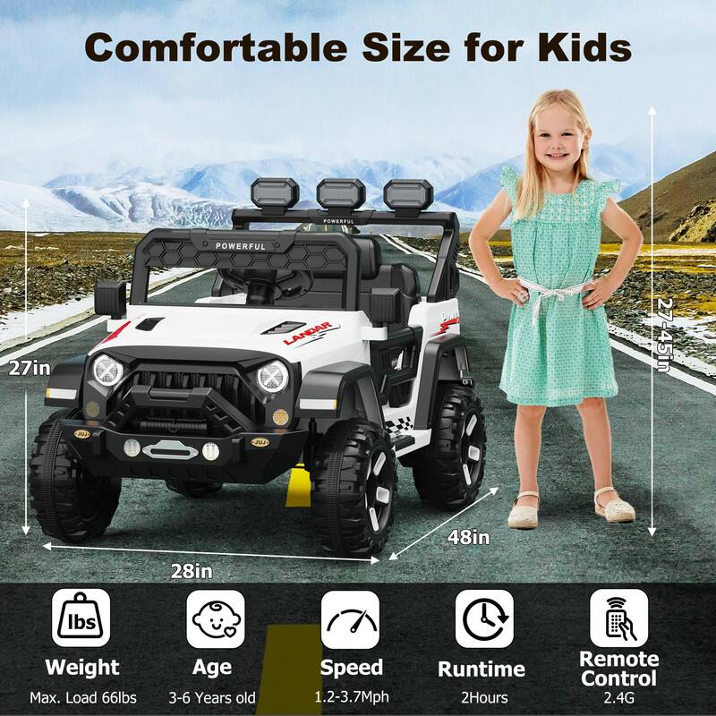 Comfortable Size for Kids

- POWERFUL
- LANDAR

Dimensions:
- 27in (height)
- 28in (width)
- 48in (length)

Specifications:
- Max. Load: 66lbs
- Age: 3-6 Years old
- Speed: 1.2-3.7Mph
- Runtime: 2Hours
- Remote Control: 2.4G