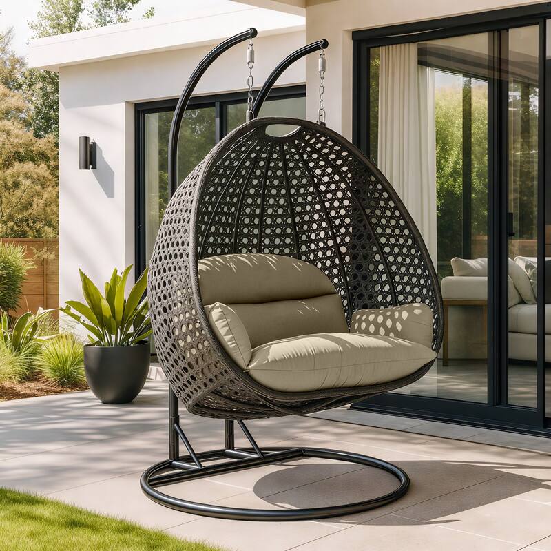 Angle. LeisureMod - Leisuremod Outdoor 2-Person Charcoal Wicker Egg Swing Chair with Steel Stand, Washable Cushions & Waterproof Cover - Taupe.