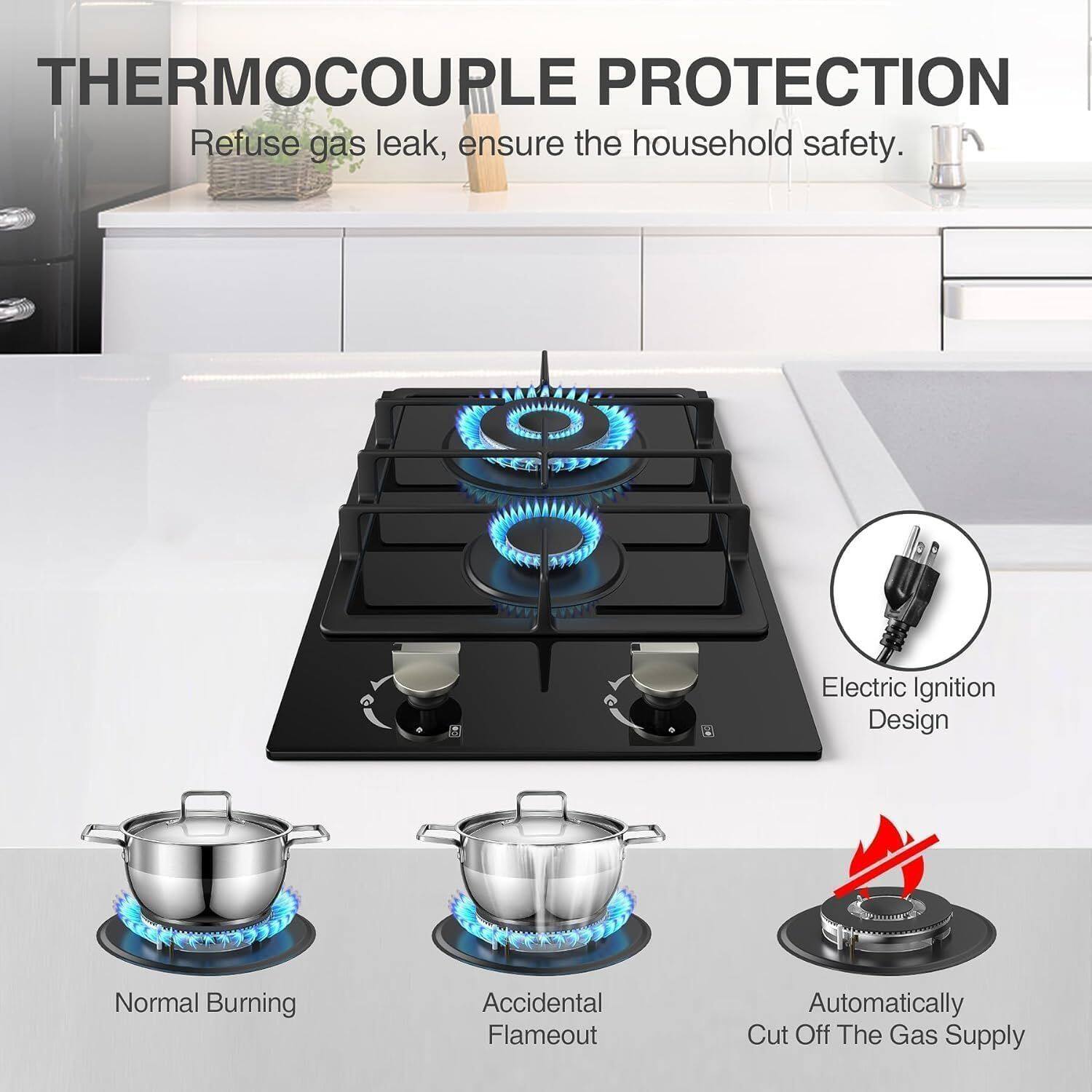 **THERMOCOUPLE PROTECTION**

Refuse gas leak, ensure the household safety.

- Electric Ignition Design
- Normal Burning
- Accidental Flameout
- Automatically Cut Off The Gas Supply
