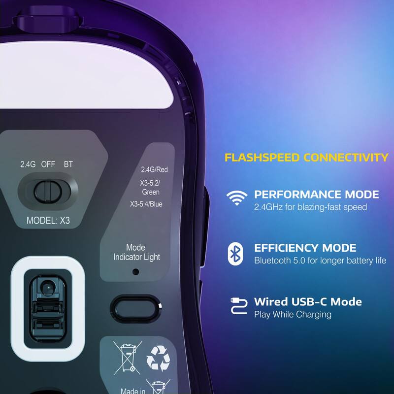 2.4G OFF BT  
2.4G/Red  
MODEL: X3  
X3-5.2/ Green  
X3-5.4/Blue  
Mode Indicator Light  

FLASHSPEED CONNECTIVITY  

PERFORMANCE MODE  
2.4GHz for blazing-fast speed  

EFFICIENCY MODE  
Bluetooth 5.0 for longer battery life  

Wired USB-C Mode  
Play While Charging  

Made in