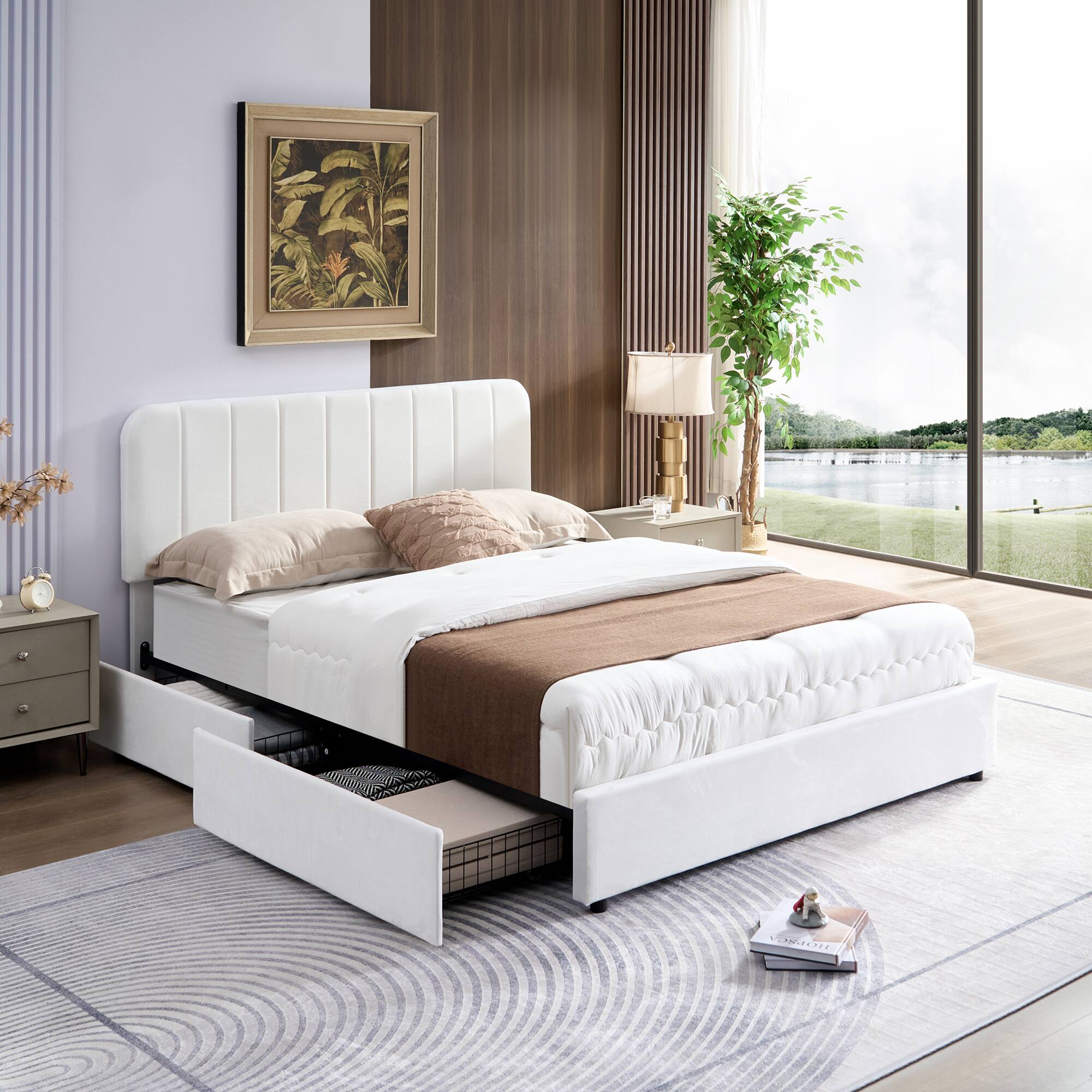Alt View 4. Vecelo - Queen Size Storage Bed Frame with 4 Drawers - Velvet Upholstered, Adjustable Headboard, 800lb Capacity, Noise Free - White.