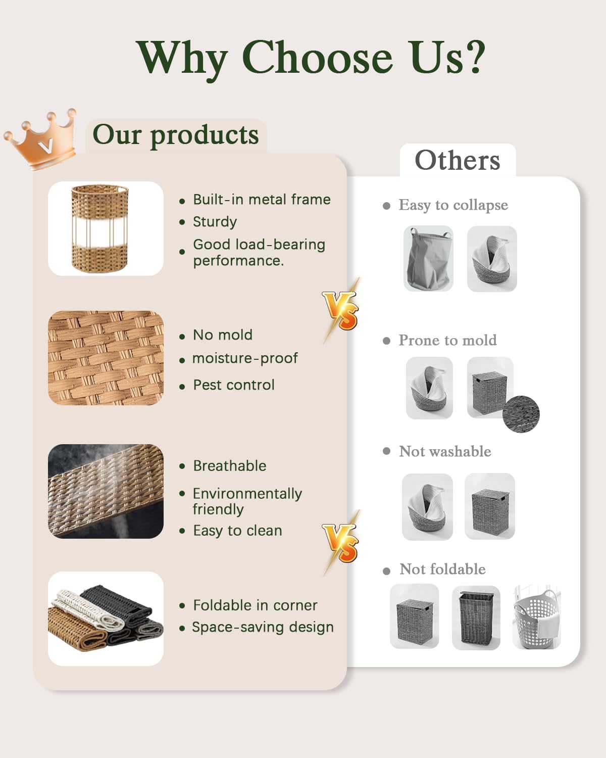 Why Choose Us?

Our products

- Built-in metal frame
- Sturdy
- Good load-bearing performance.

- No mold
- moisture-proof
- Pest control

- Breathable
- Environmentally friendly
- Easy to clean

- Foldable in corner
- Space-saving design

Others

- Easy to collapse
- Prone to mold
- Not washable
- Not foldable