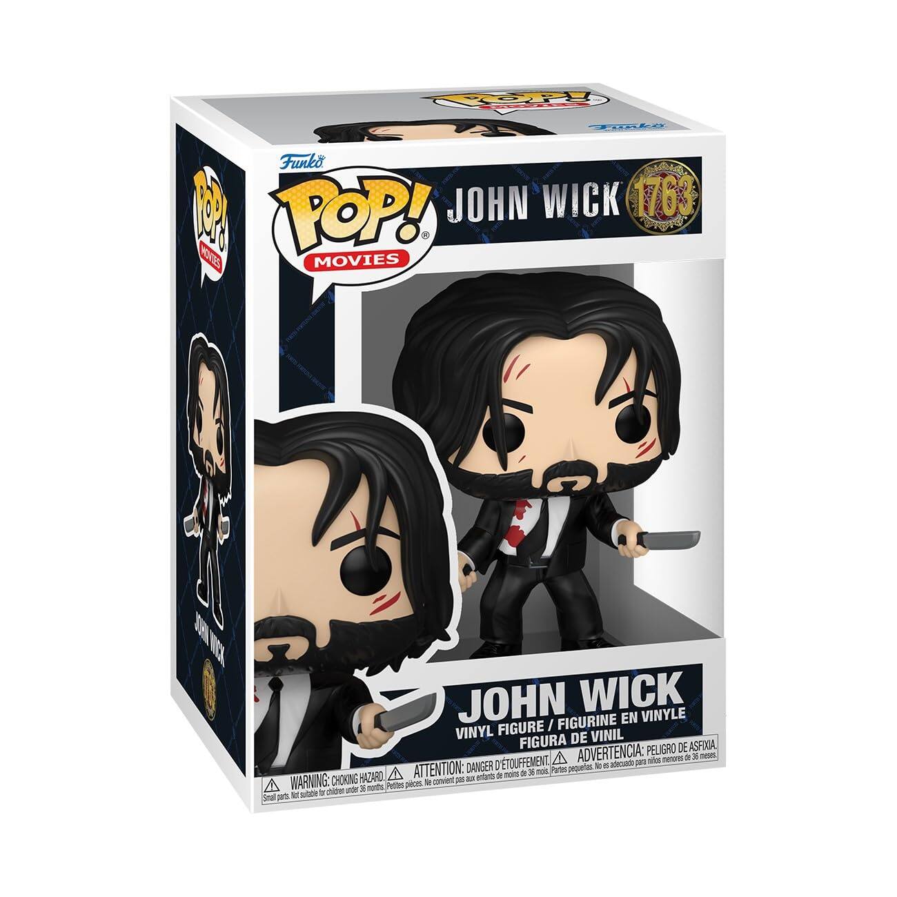 Sure, here is the corrected and grouped text from the image:

---

**Funko POP! MOVIES**

**JOHN WICK 1763**

**VINYL FIGURE / FIGURINE EN VINYLE / FIGURA DE VINIL**

**WARNING: CHOKING HAZARD - Small parts. Not for children under 3 years.**

**ADVERTENCIA: PEQUEÑOS PIEZAS. NO APTO PARA NIÑOS MENORES DE 3 AÑOS.**

**ATTENTION: PETITES PIÈCES. NE PAS LAISSER APPROCHER PAR DES ENFANTS DE MOINS DE 3 ANS.**

---

This text is from the packaging of a Funko Pop! vinyl figure from the John Wick series.