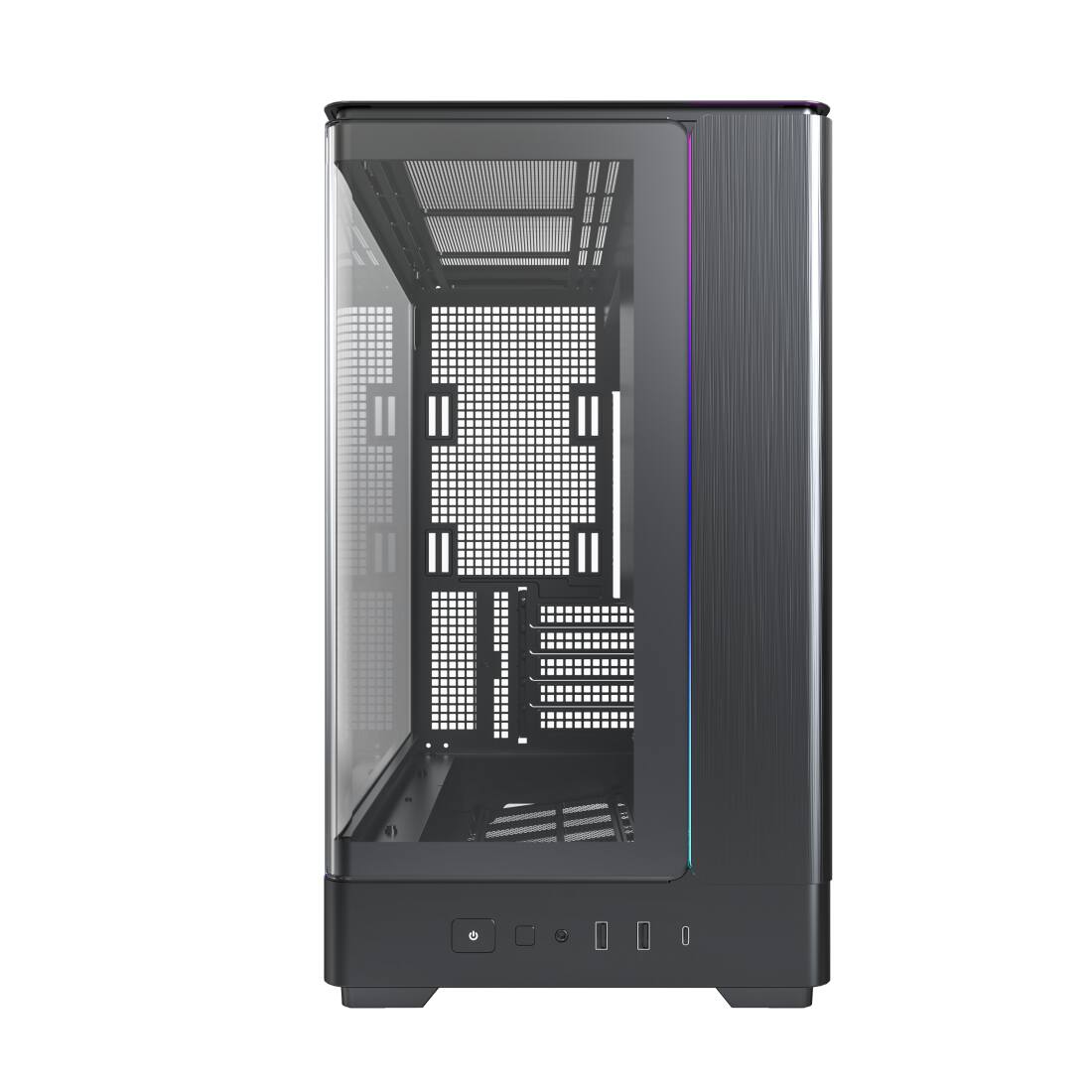 Angle. Montech - KING 15 Micro-ATX PC Case, Curved Panoramic Glass, 360mm Radiator Support, Compact Build for High-Performance Systems - black.