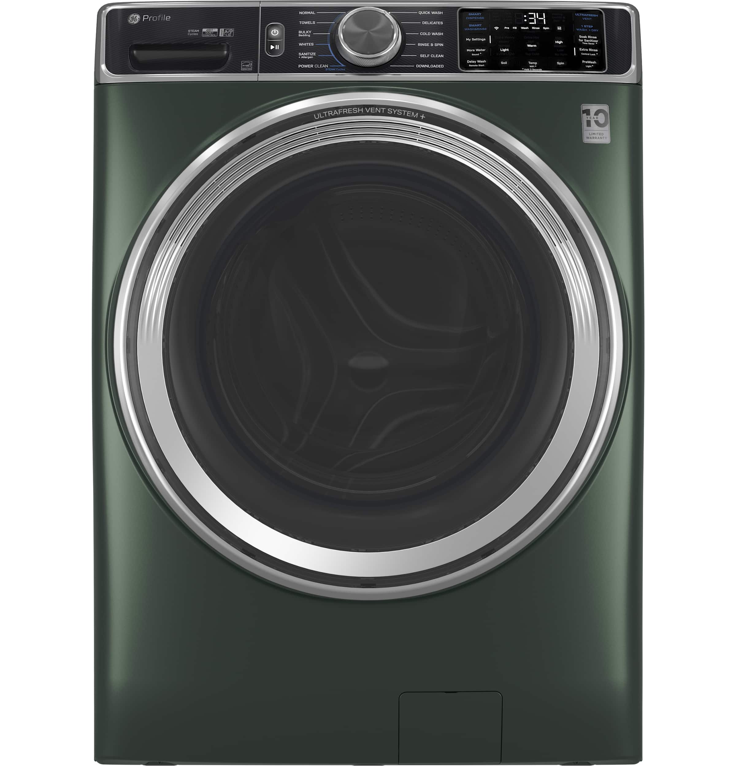 GE Profile - 5.5 Cu. Ft. High Efficiency Stackable Smart Front Load Washer with Steam and UltraFresh Vent System+ With OdorBlock - Jade Green - Front_Zoom