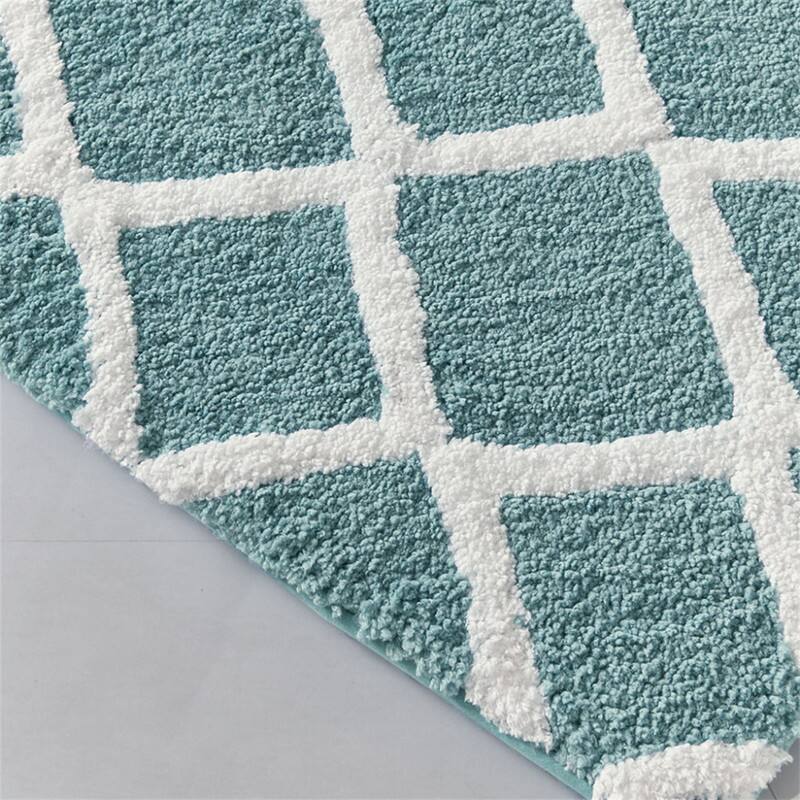 Alt View 1. HTUTWOO - Reversible High Pile Tufted Bath Rug - 24x60" Microfiber Bathroom Mat, Geometric to Stripes Reversible, Machine Washable - AQUA.