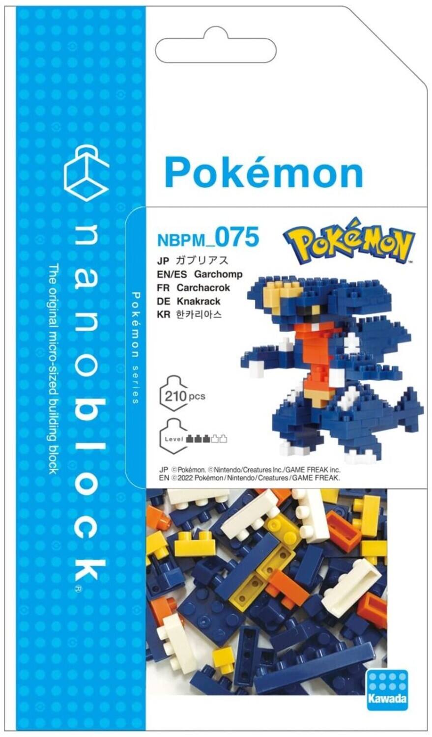 Pokémon  
NBPM_075  
The original micro-sized building block  
nanoblock  

JP ガブリアス  
EN/ES Garchomp  
FR Carchacrok  
DE Knakrak  
KR 한카리아스  

210 pcs  
Level  

© Pokémon. © 2022 Pokémon/Nintendo/Creatures Inc./GAME FREAK inc.  
© Nintendo/Creatures Inc./GAME FREAK.  

Kawada