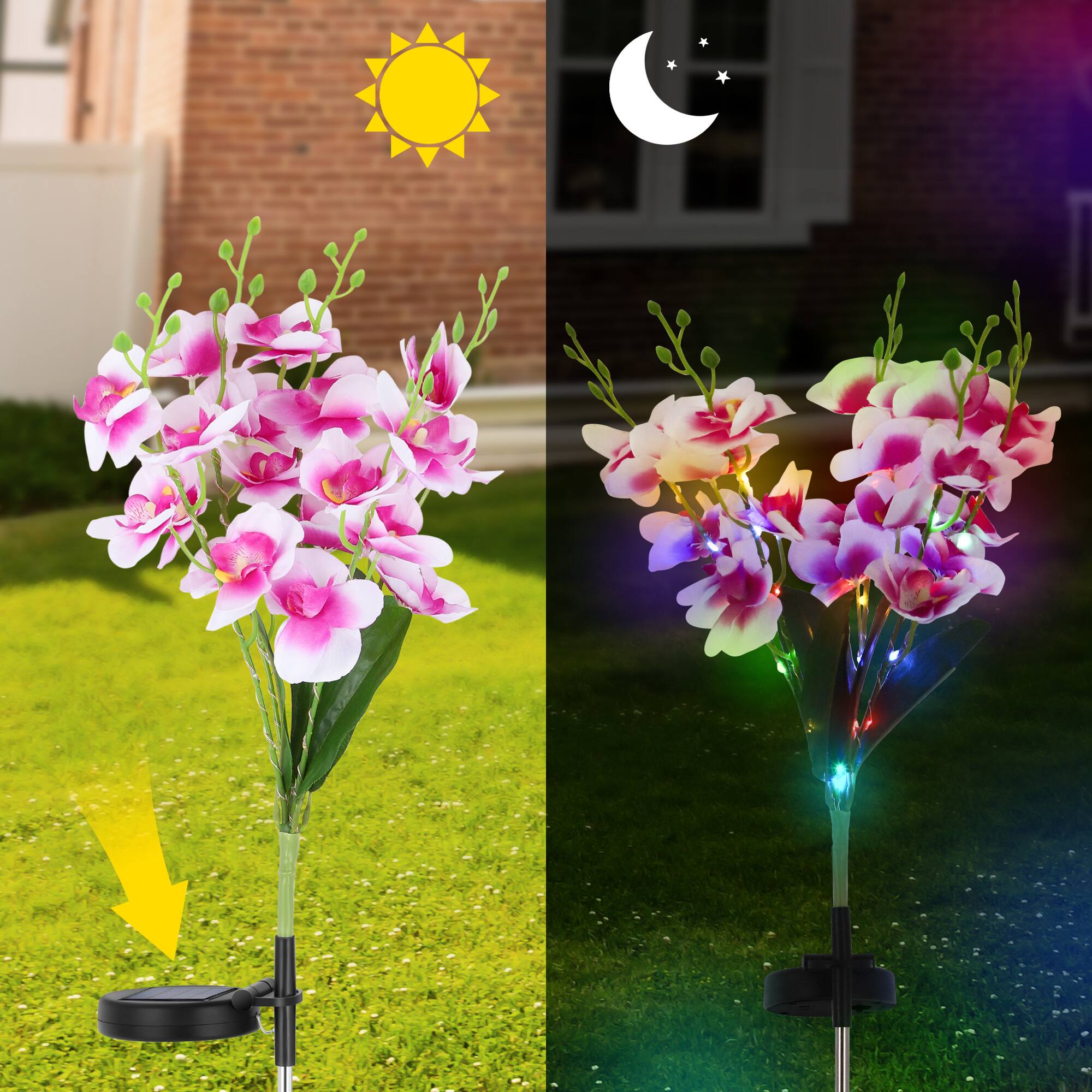 Back. Oumilen - 2 Pack Solar RGB Phalaenopsis Orchid Garden Stake Lights – 2 Modes LED Artificial Flower Lamp for Yard.