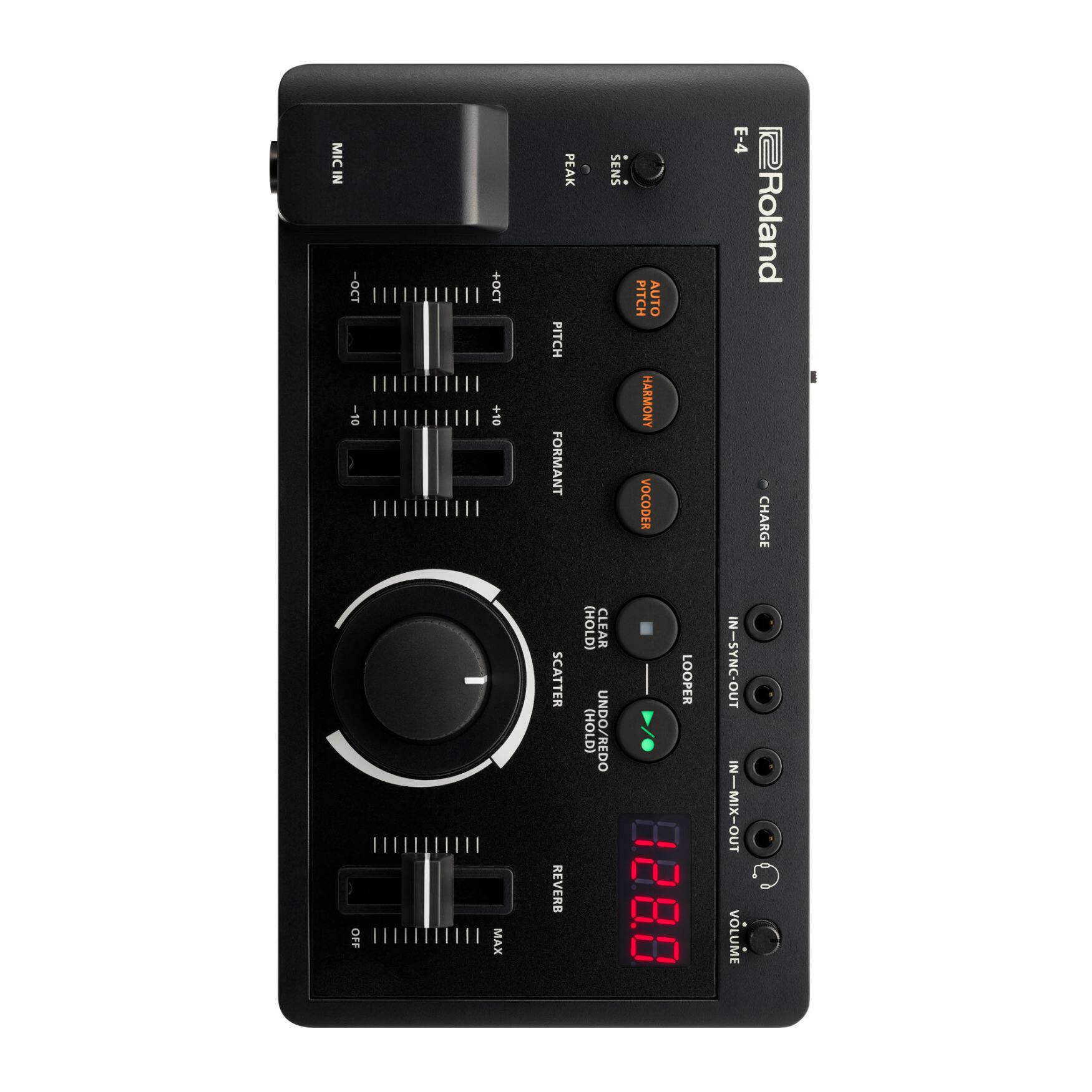 MIC IN  
-10  
+10  
PEAK  
PITCH  
FORMANT  
SCATTER  
REVERB  
SENS  
PITCH  
AUTO  
HARMONY  
VOCODER (HOLD)  
CLEAR  
LOOPER (HOLD)  
UNDO/REDO  
12.8.0  
E-4 Roland  
CHARGE  
IN-SYNC-OUT  
IMXIOCT  
VOLUME