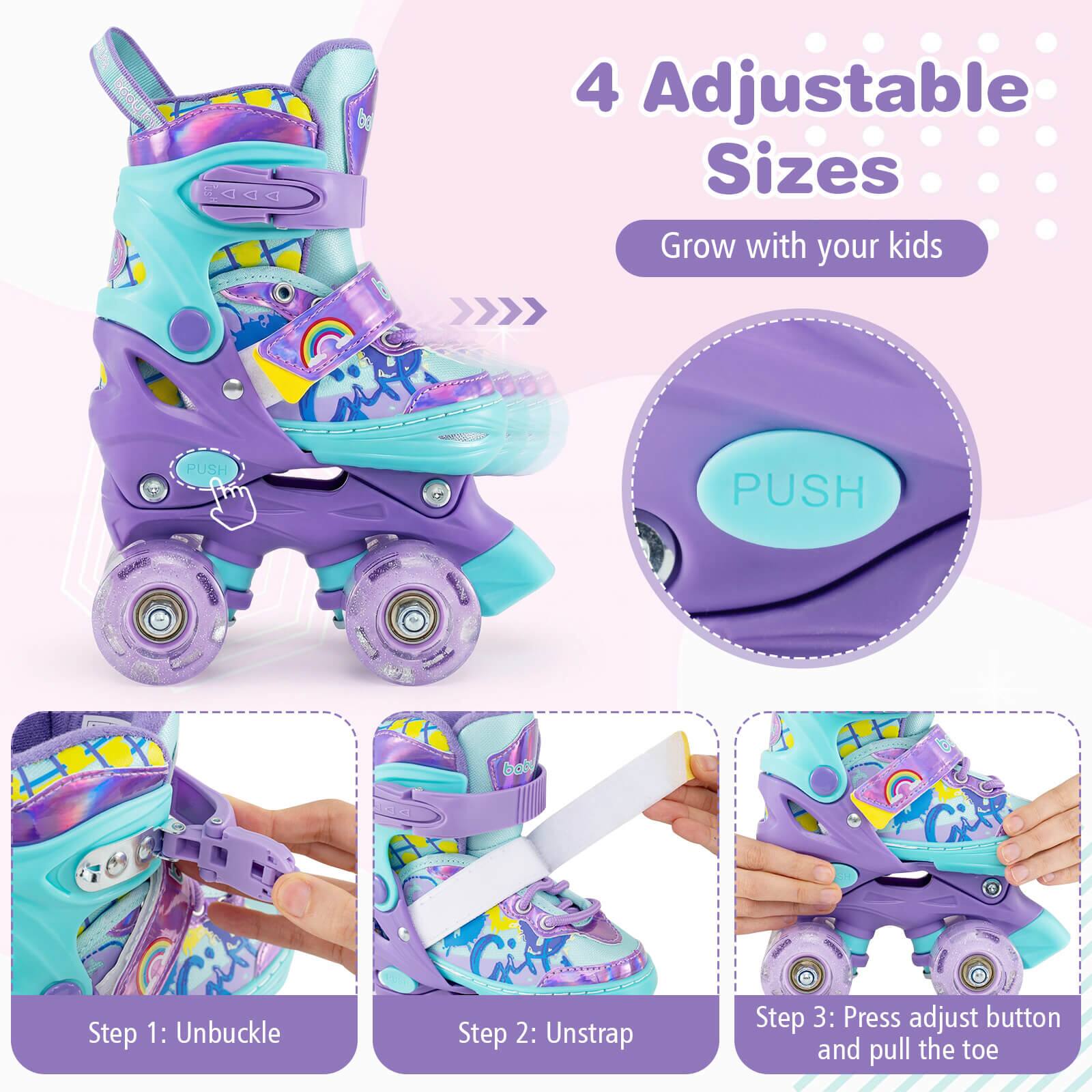 4 Adjustable Sizes  
Grow with your kids  

Step 1: Unbuckle  
Step 2: Unstrap  
Step 3: Press adjust button and pull the toe