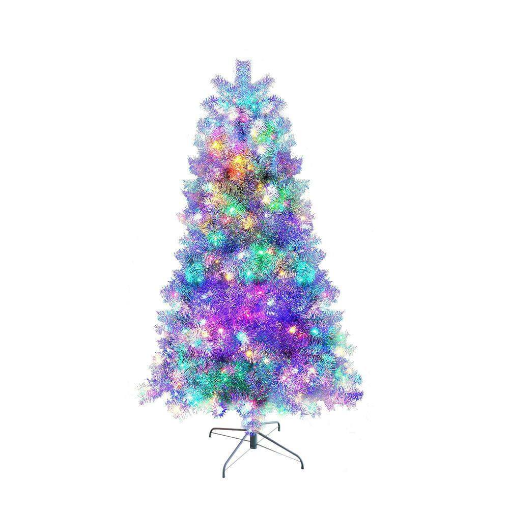 Back. Resenkos - 6ft Pre-Lit Artificial Christmas Tree with 300 LED Lights and 11 Selectable Lighting Modes, Silver - Silver.