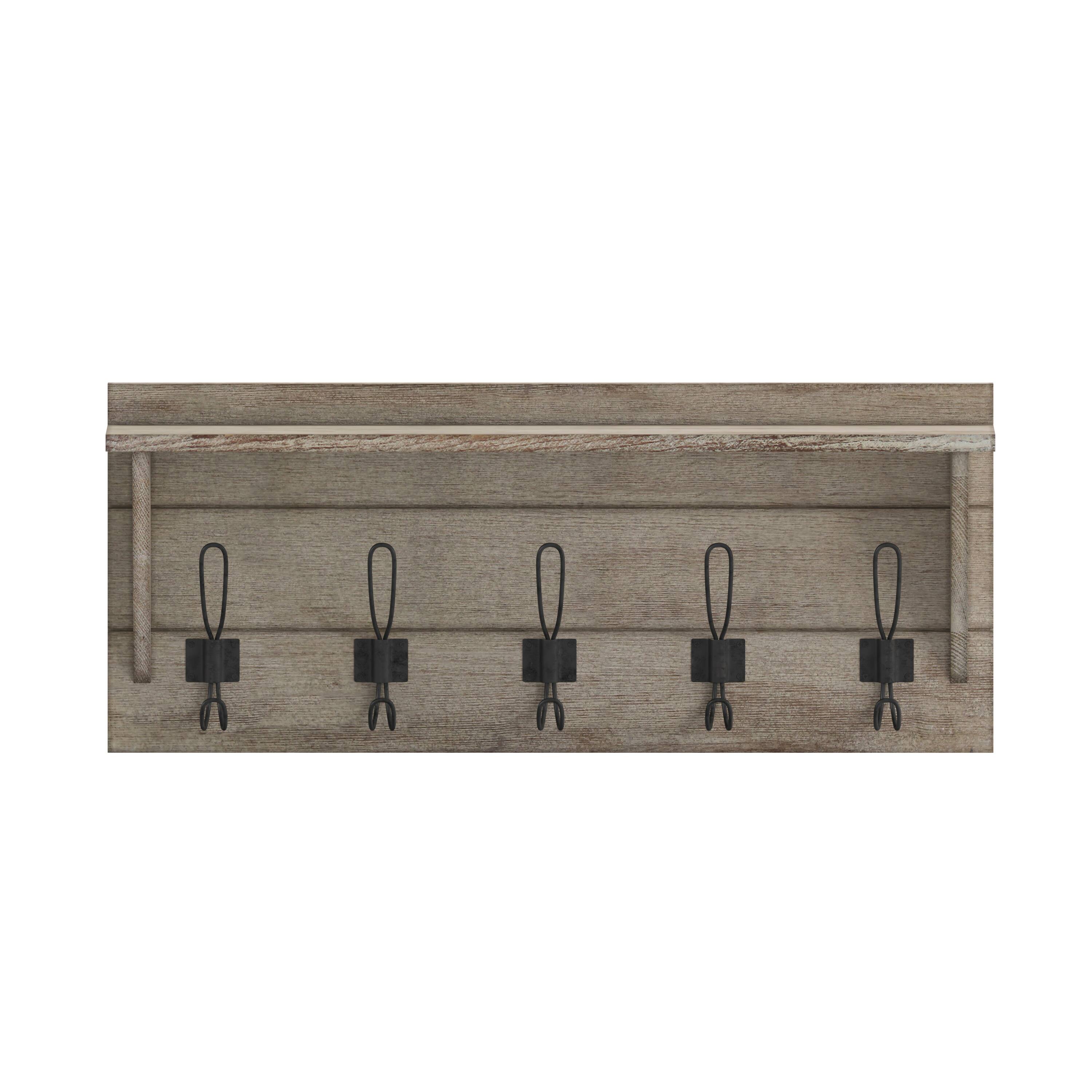 Alt View 9. Emma + Oliver - Alcott Rustic Country Wall Mounted Entryway Shelf with 5 Rustic Hooks and Wood Construction - Weathered Brown.