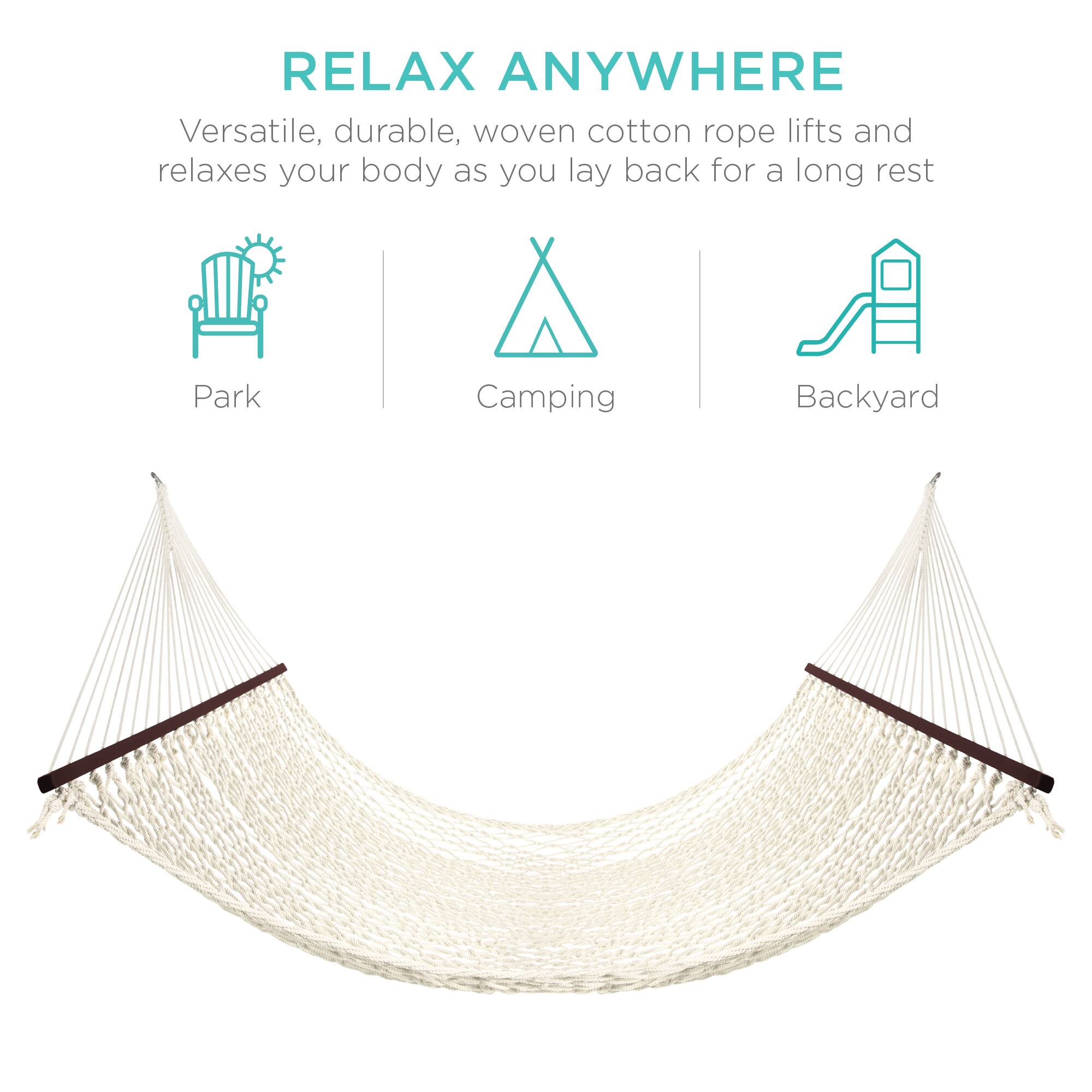 RELAX ANYWHERE

Versatile, durable, woven cotton rope lifts and relaxes your body as you lay back for a long rest

Park  
Camping  
Backyard