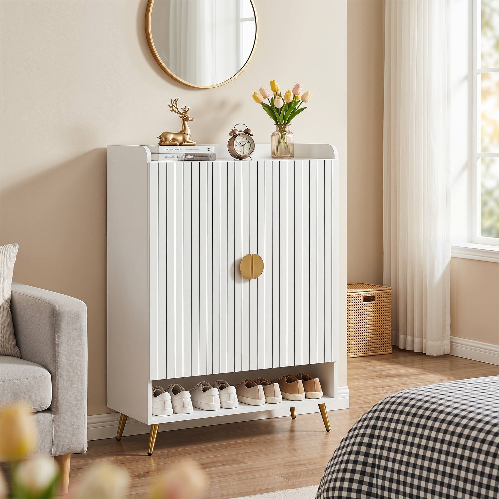 Alt View 3. Costway - Costway 44" 7-Tier Tall Shoe Storage Cabinet with Doors, Adjustable Shelves & Metal Legs - White.
