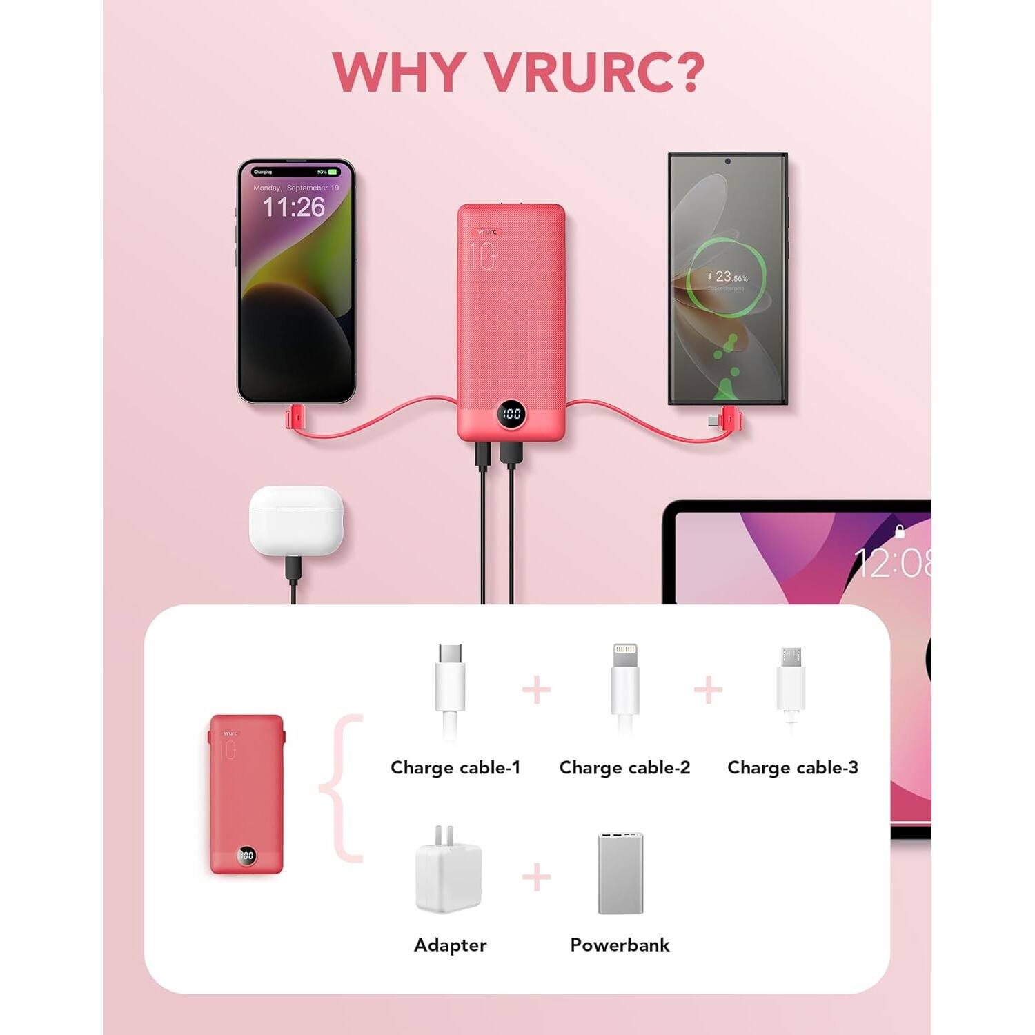 WHY VRURC? - Monday, September 19 11:26 23% 100 12:08 + + Charge cable-1 Charge cable-2 Charge cable-3 + Adapter Powerbank