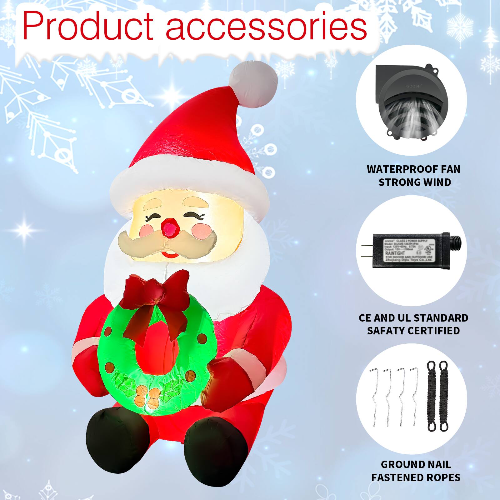 Product accessories

- WATERPROOF FAN STRONG WIND
- CE AND UL STANDARD SAFETY CERTIFIED
- GROUND NAIL FASTENED ROPES