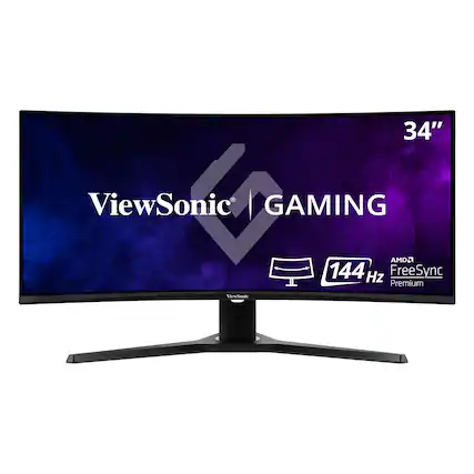 The text on the image reads "34" ViewSonic GAMING AMD2 144 Hz FreeSync Premium ViewSonic."