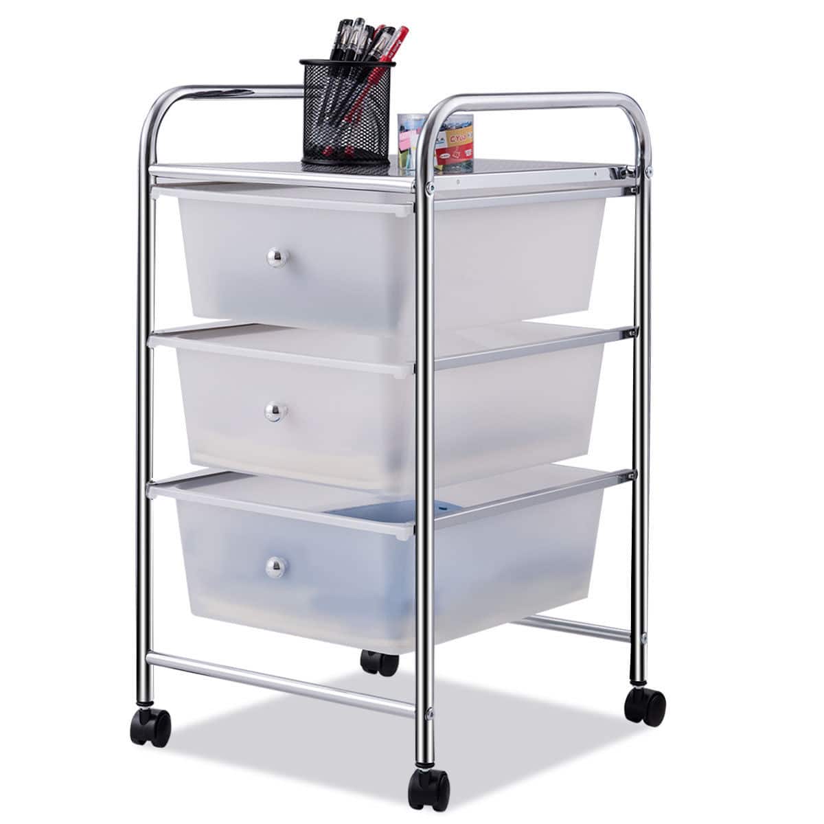 Front. Costway - 3 Drawers Metal Rolling Storage Cart Scrapbook Supply & Paper Home Office - Clear.