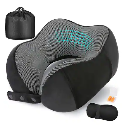 Front. FINEAK - Adjustable Memory Foam Travel Neck Pillow for Ultimate Flight Comfort-Black - Black.