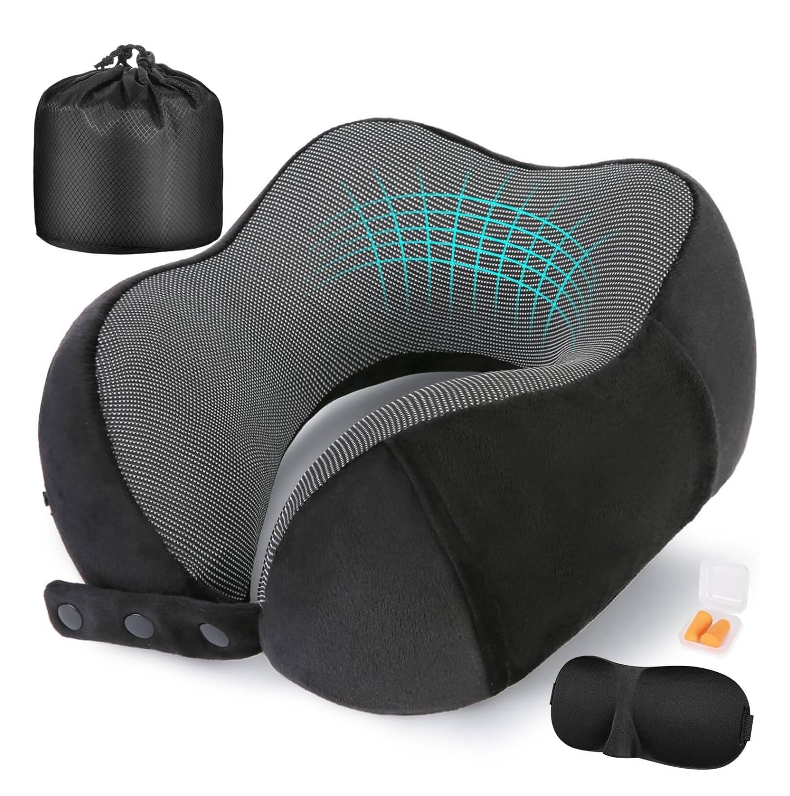 Front. FINEAK - Adjustable Memory Foam Travel Neck Pillow for Ultimate Flight Comfort-Black - Black.