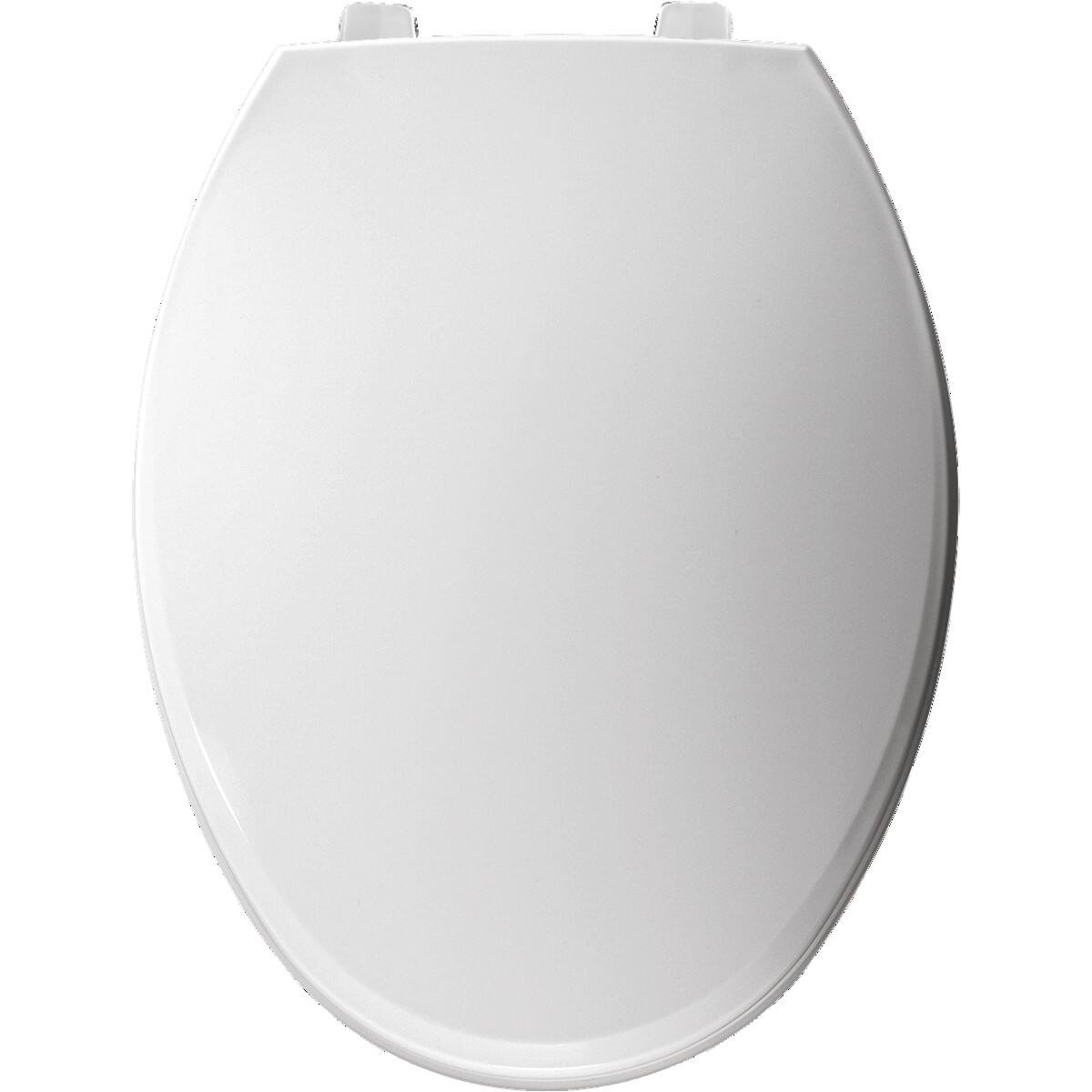 Angle. BEMIS - Bemis Elongated Hospitality Plastic Toilet Seat in White with STA-TITE Commercial Fastening System - White.
