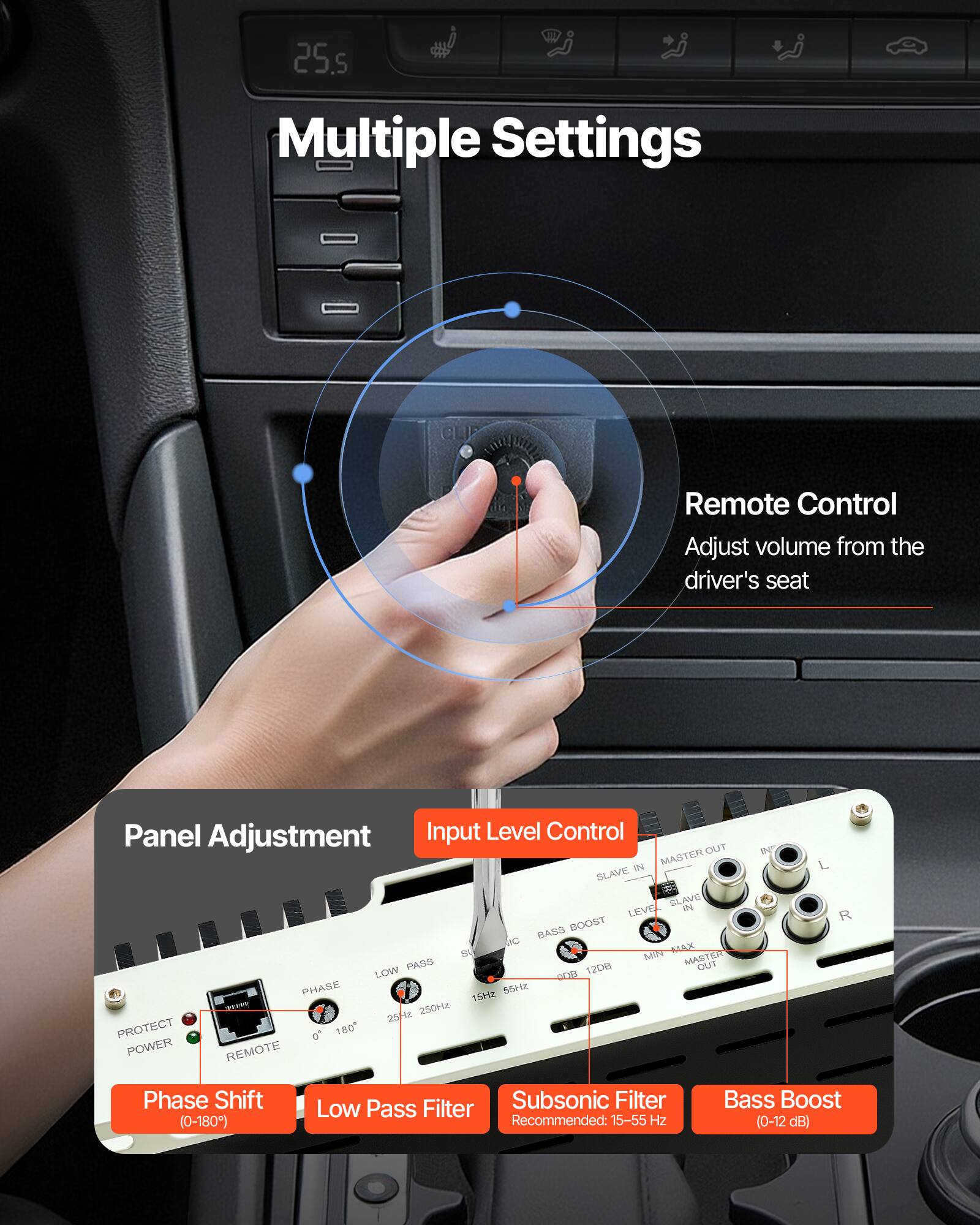 25.5 Multiple Settings

Remote Control
Adjust volume from the driver's seat

Panel Adjustment
Input Level Control

Phase Shift (0-180°)
Low Pass Filter Subsonic Filter Recommended: 15-55 Hz
Bass Boost (0-12 dB)
