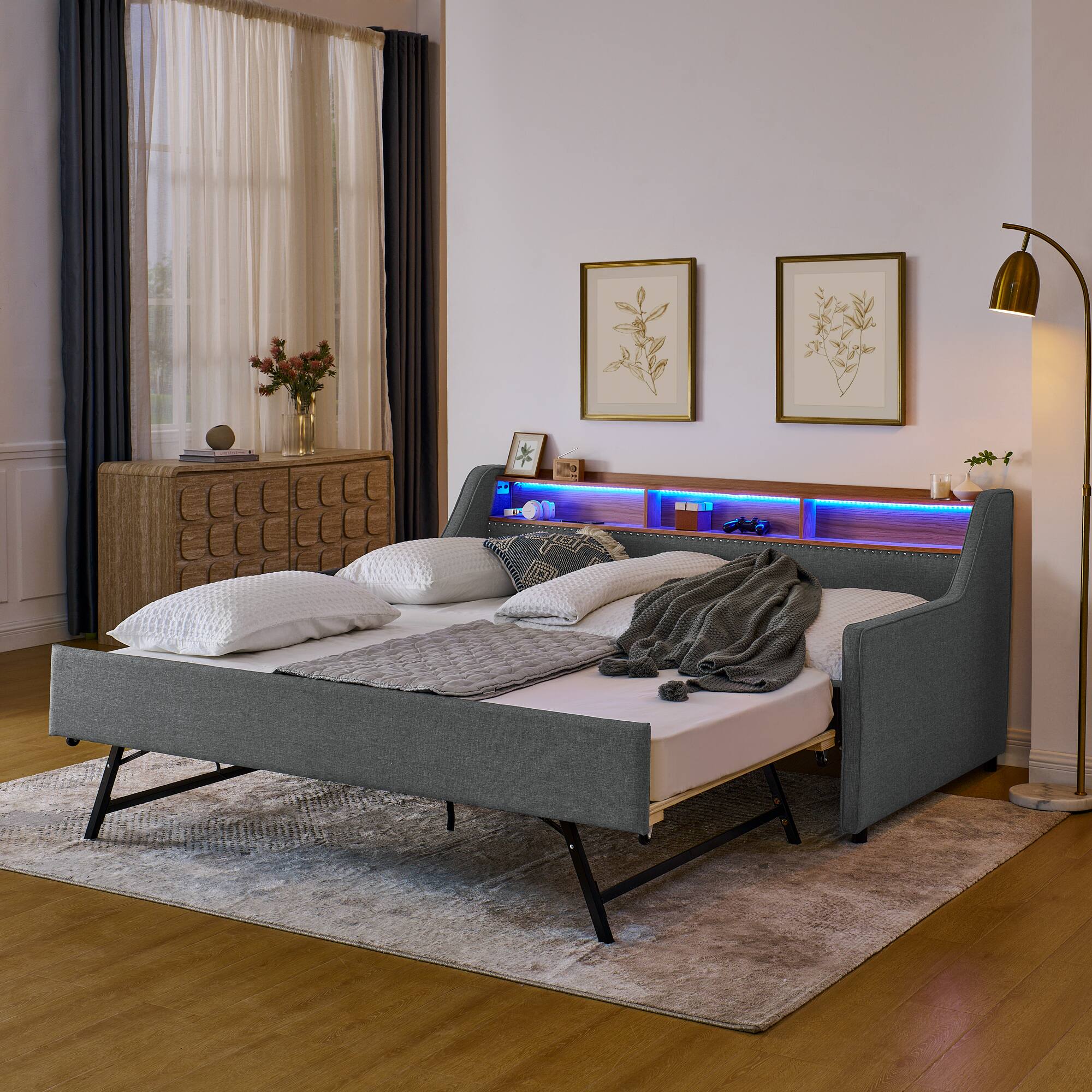 Left. Anysun - Twin Upholstered Sofa Bed with LED Lights&Storage-Adjustable Headboard, Pull-Up Trundle & Wireless Charging, Linen Frame - Gray.