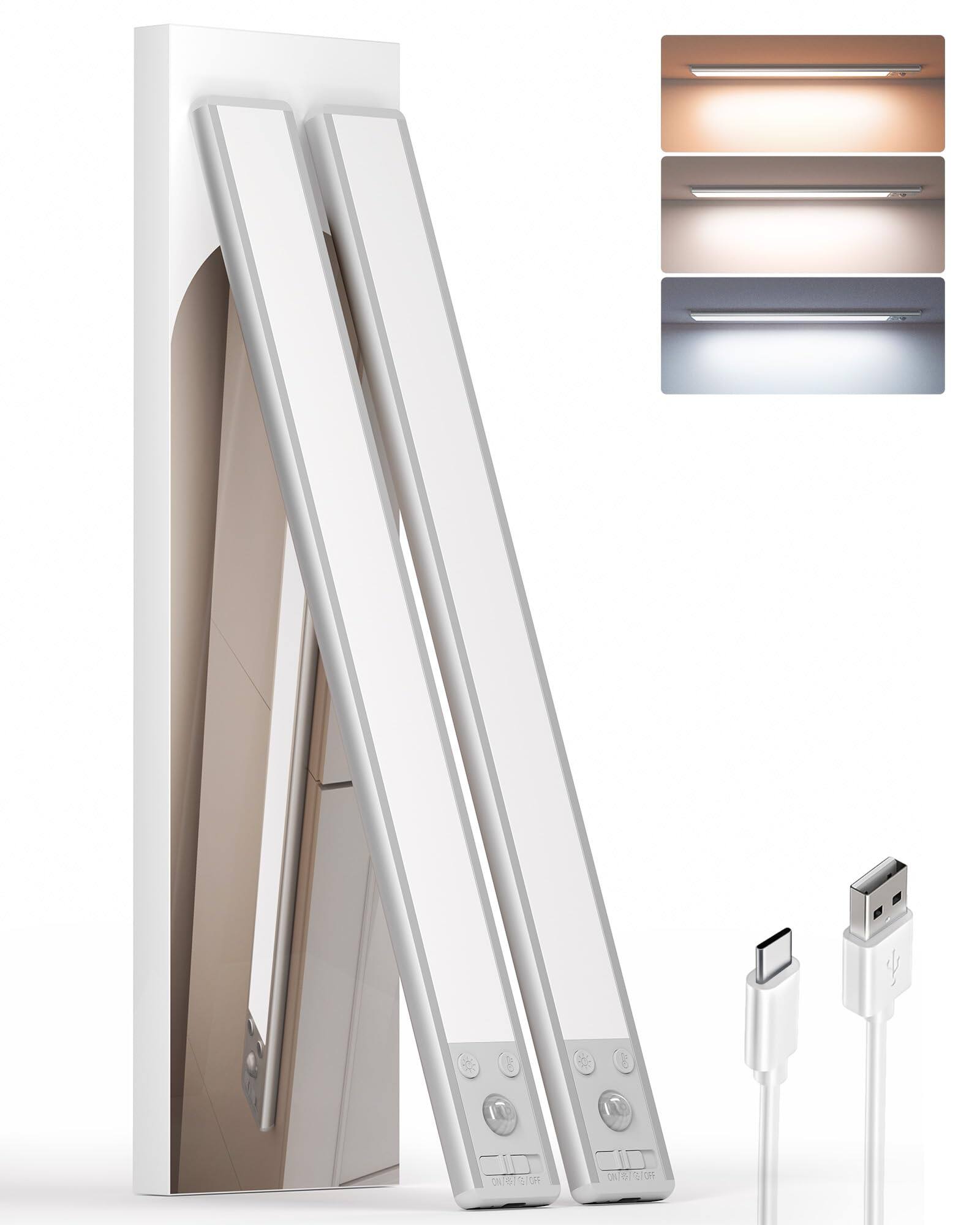 EZVALO - Under Cabinet Lighting Wireless Motion Sensor-3 Color Temps-2 Pack-37 cm-Silver - White