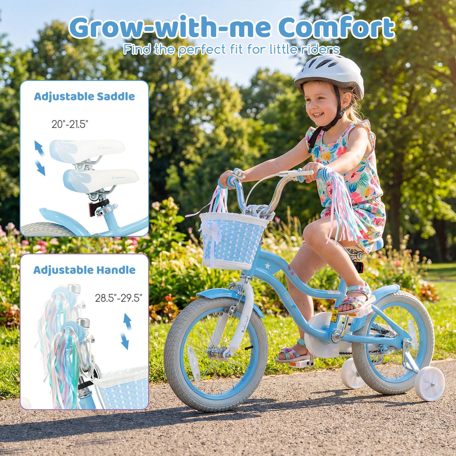 Grow-with-me Comfort  
Find the perfect fit for little riders

Adjustable Saddle  
20"-21.5"

Adjustable Handle  
28.5"-29.5"