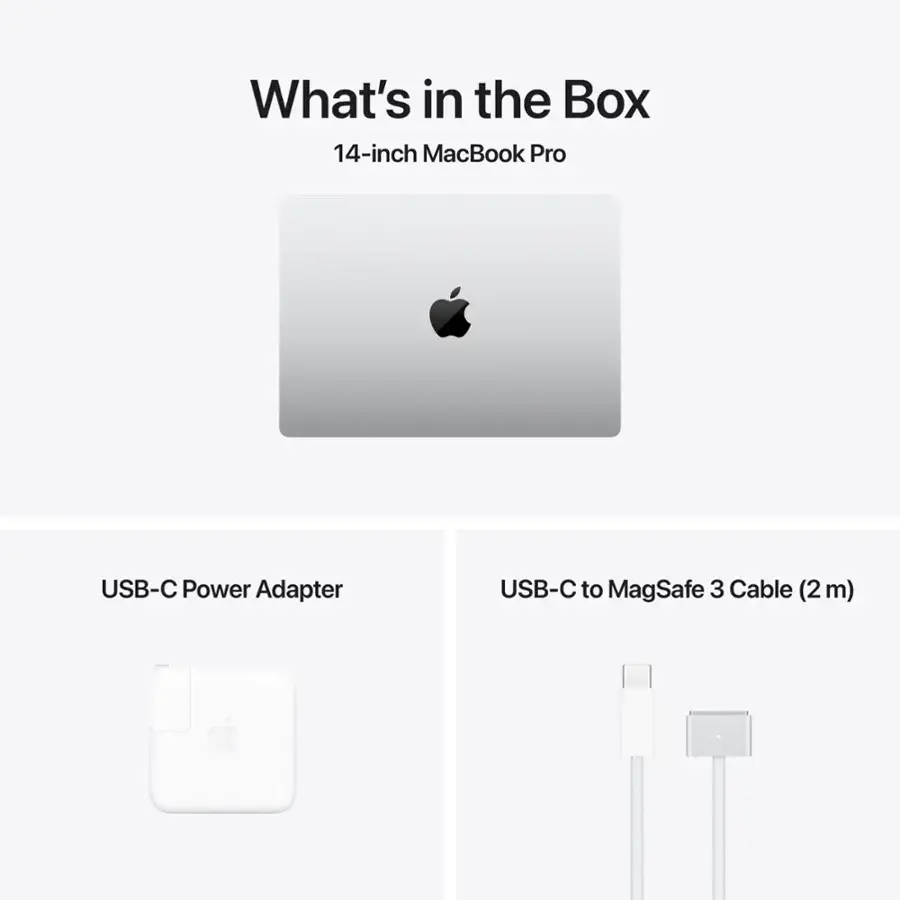 What's in the Box: 14-inch MacBook Pro USB-C Power Adapter USB-C to MagSafe 3 Cable (2m)