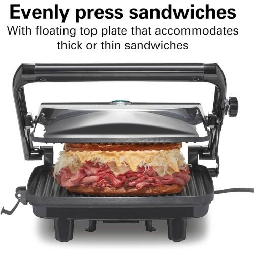 Evenly press sandwiches  
With floating top plate that accommodates thick or thin sandwiches
