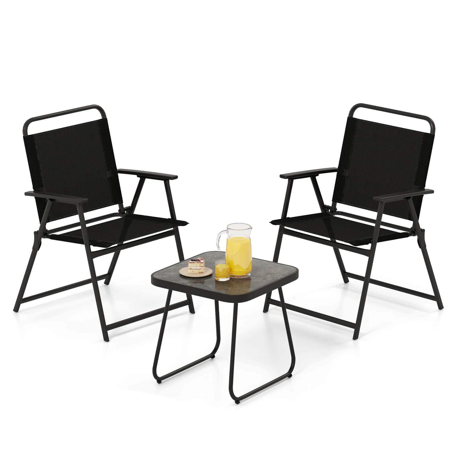 Costway - 3pcs Patio Folding Conversation Chairs&Table Heavy-Duty Metal Outdoor Portable - Black
