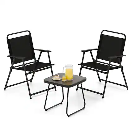 Front. Costway - Costway 3pcs Patio Folding Conversation Chairs&Table Heavy-Duty Metal Outdoor Portable - Black.