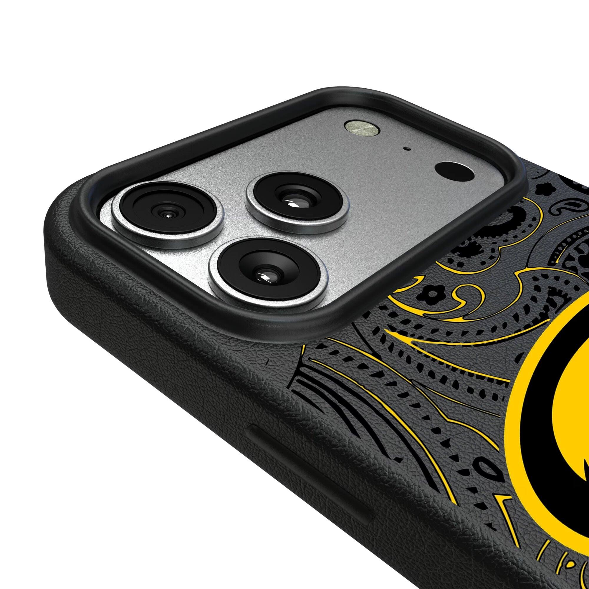 Alt View 2. Keyscaper - Iowa Hawkeyes Paisley iPhone Magnetic Bump Case - 16 Plus - Black.