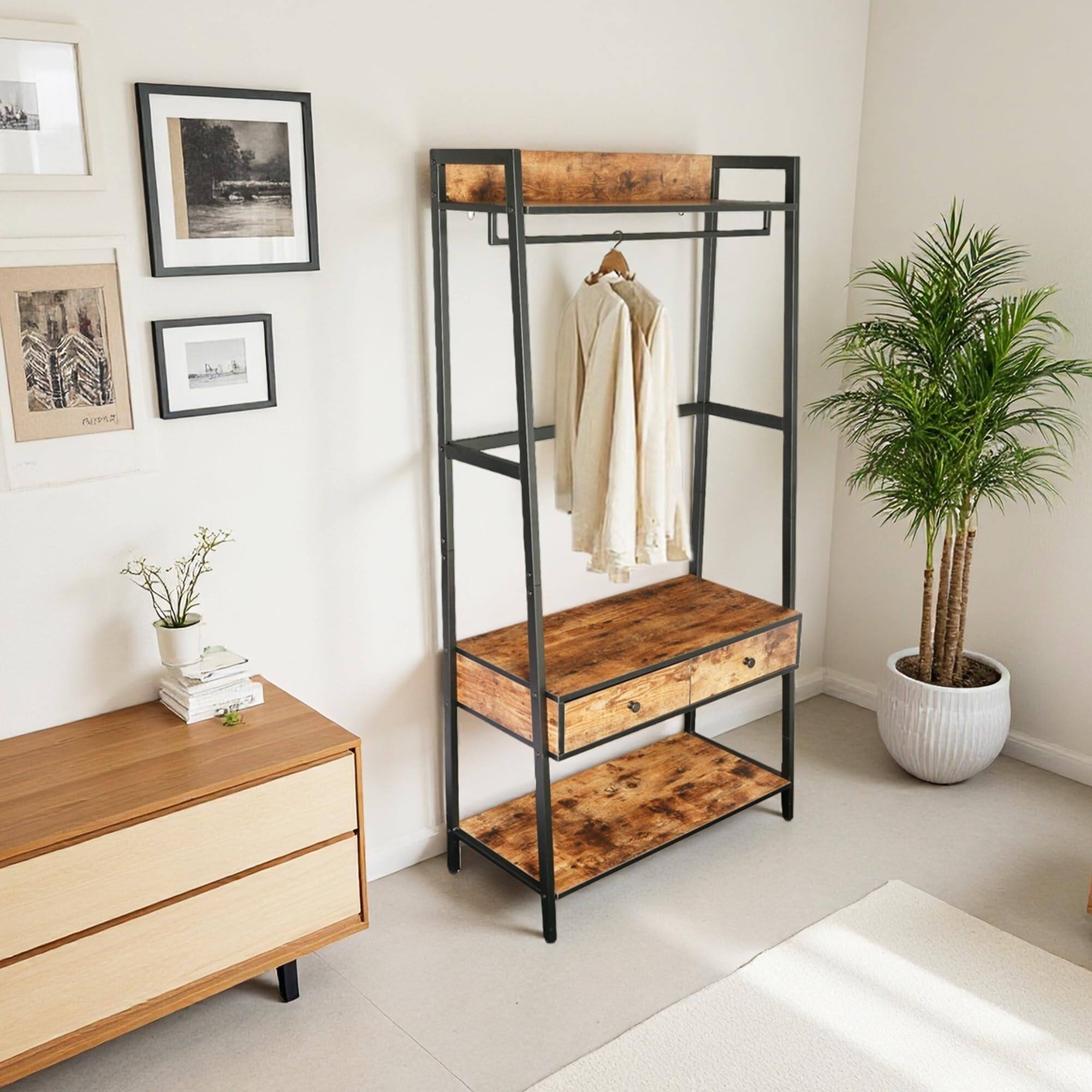Back. JJS - Industrial Rustic Hall Tree Shoe Bench With Storage Drawers And Shelf - Rustic Brown.